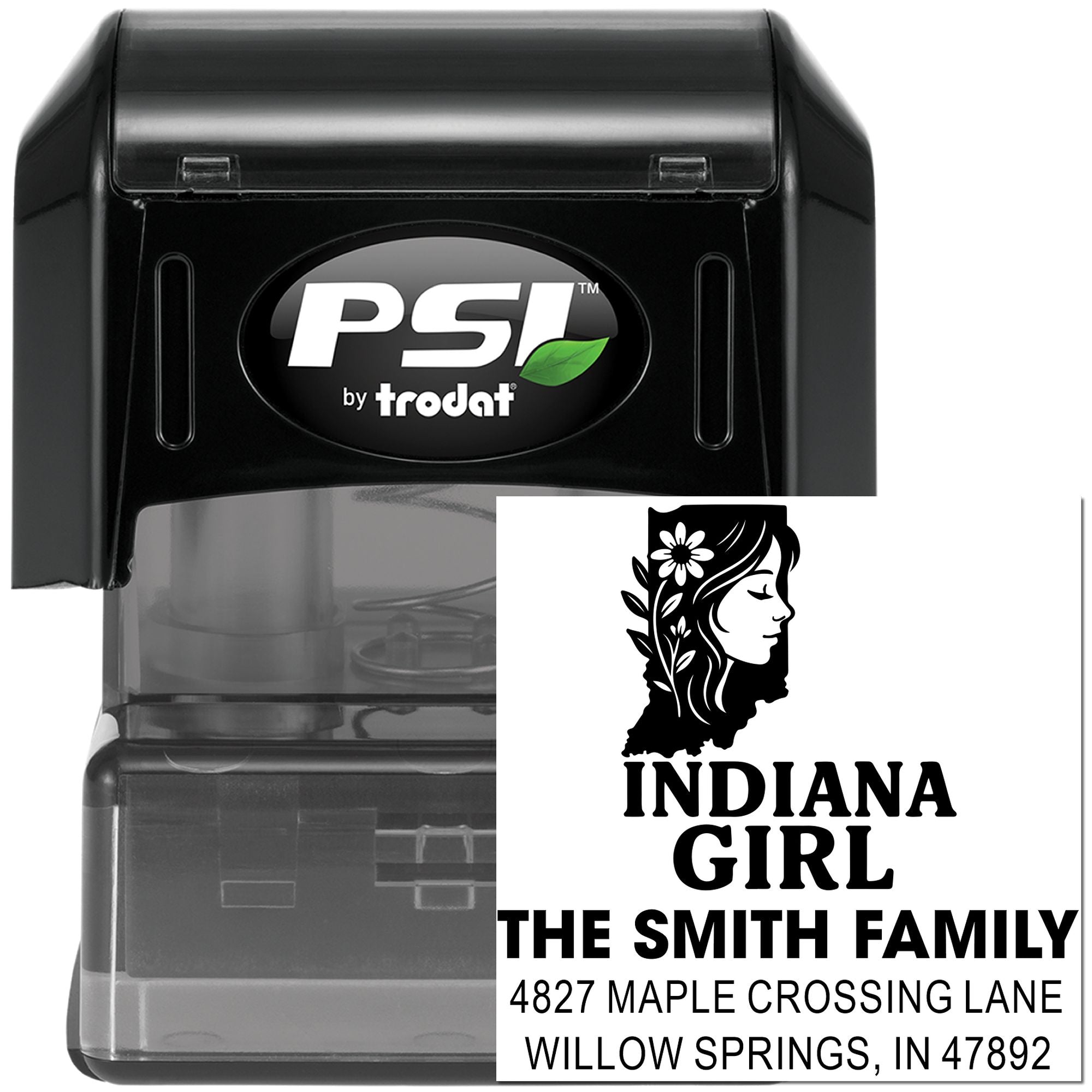 PSI by Trodat self-inking custom address rubber stamp with Indiana Girl family return address design