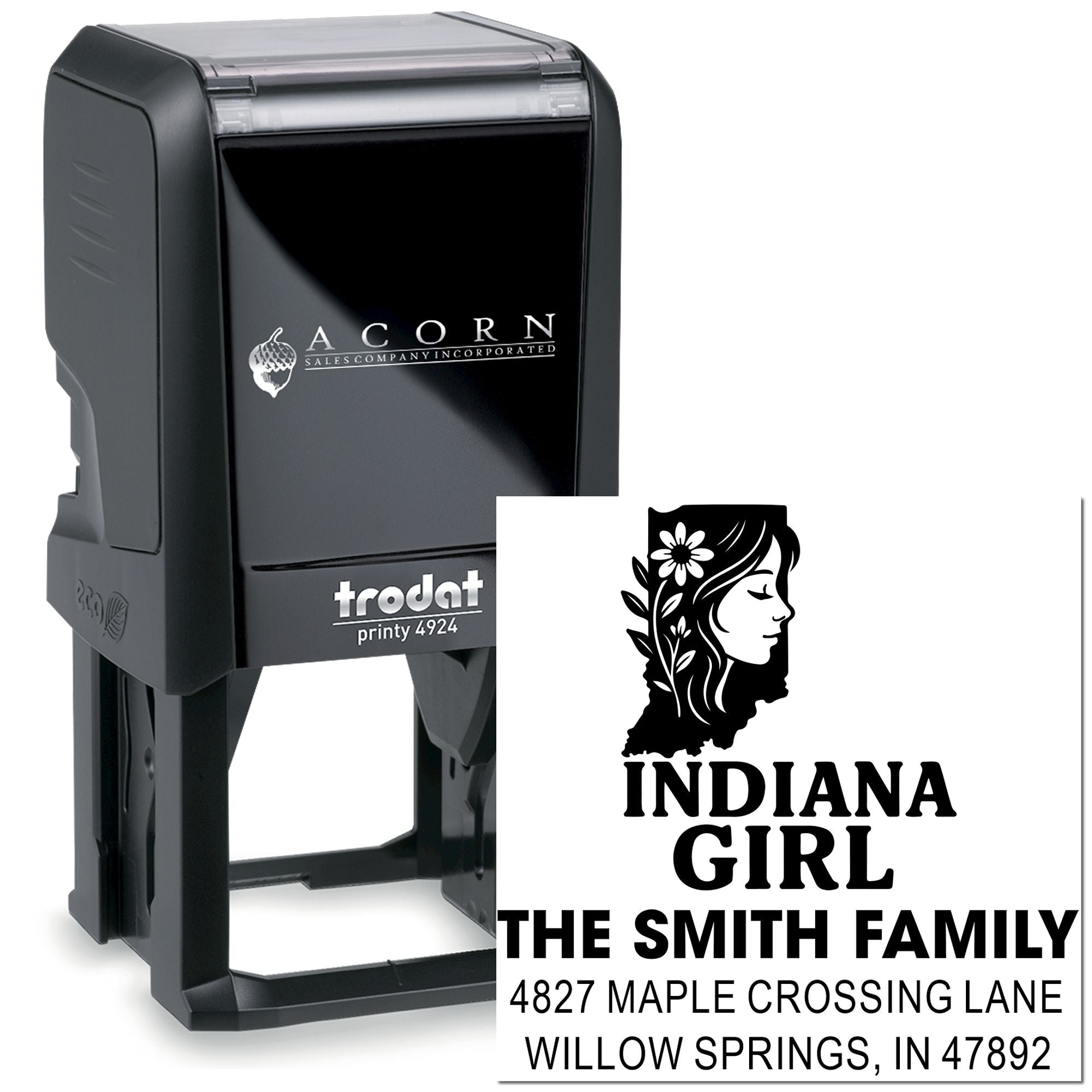 Custom self-inking rubber stamp with Indiana Girl design and Smith family return address, ideal for personalized mailing.