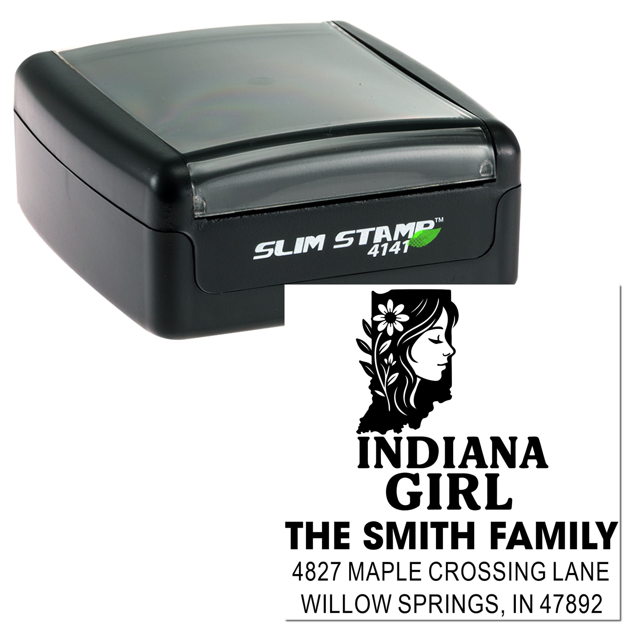 Slim Stamp 4141 self-inking rubber stamp with custom Indiana Girl family address imprint for personalized mailing labels