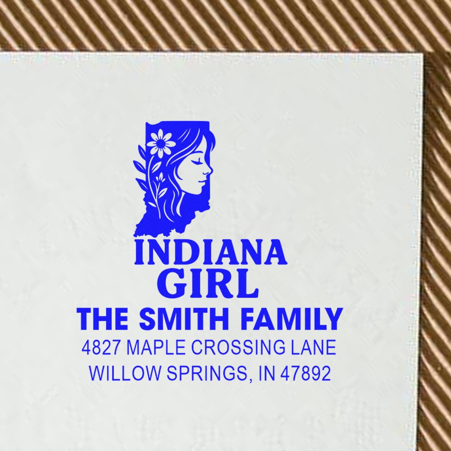 Custom family return address rubber stamp with Indiana Girl design for The Smith Family, Willow Springs, IN 47892