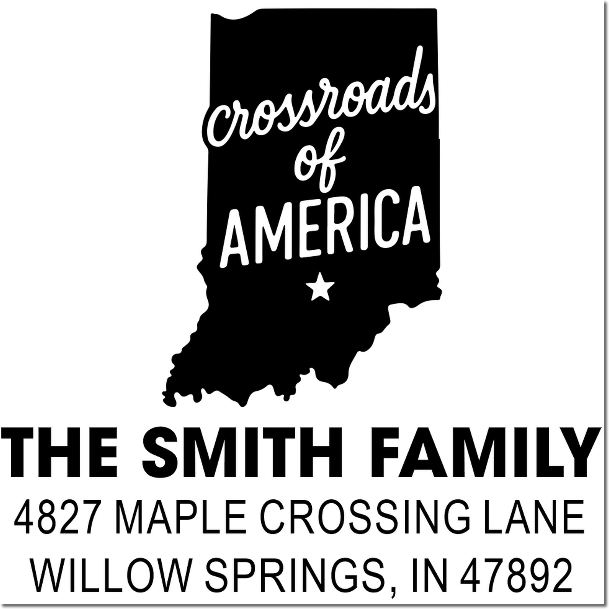 Indiana Crossroads of America return address rubber stamp for The Smith Family, with custom name and mailing address.