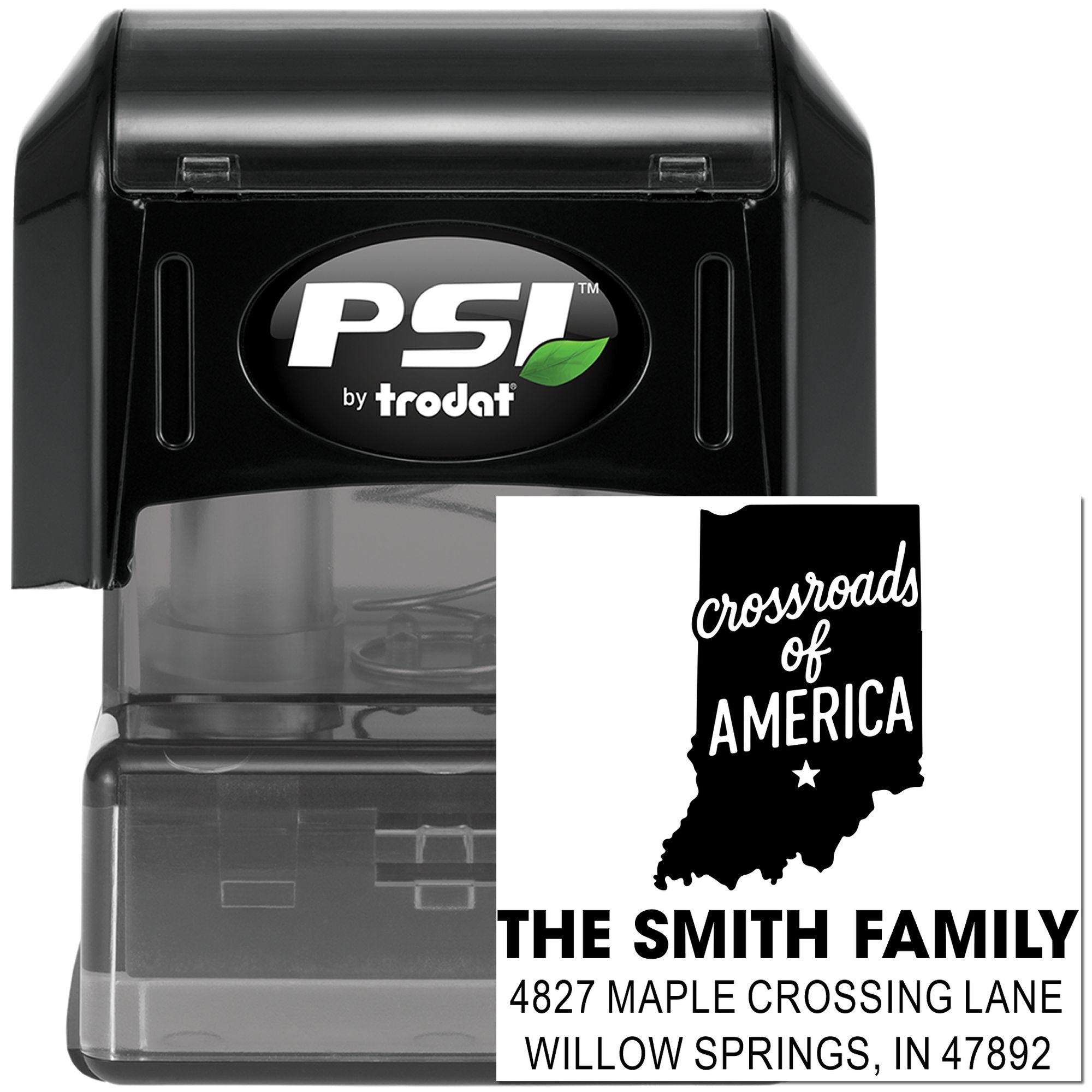 PSI by Trodat self-inking custom address rubber stamp with Indiana state design and family return address imprint.