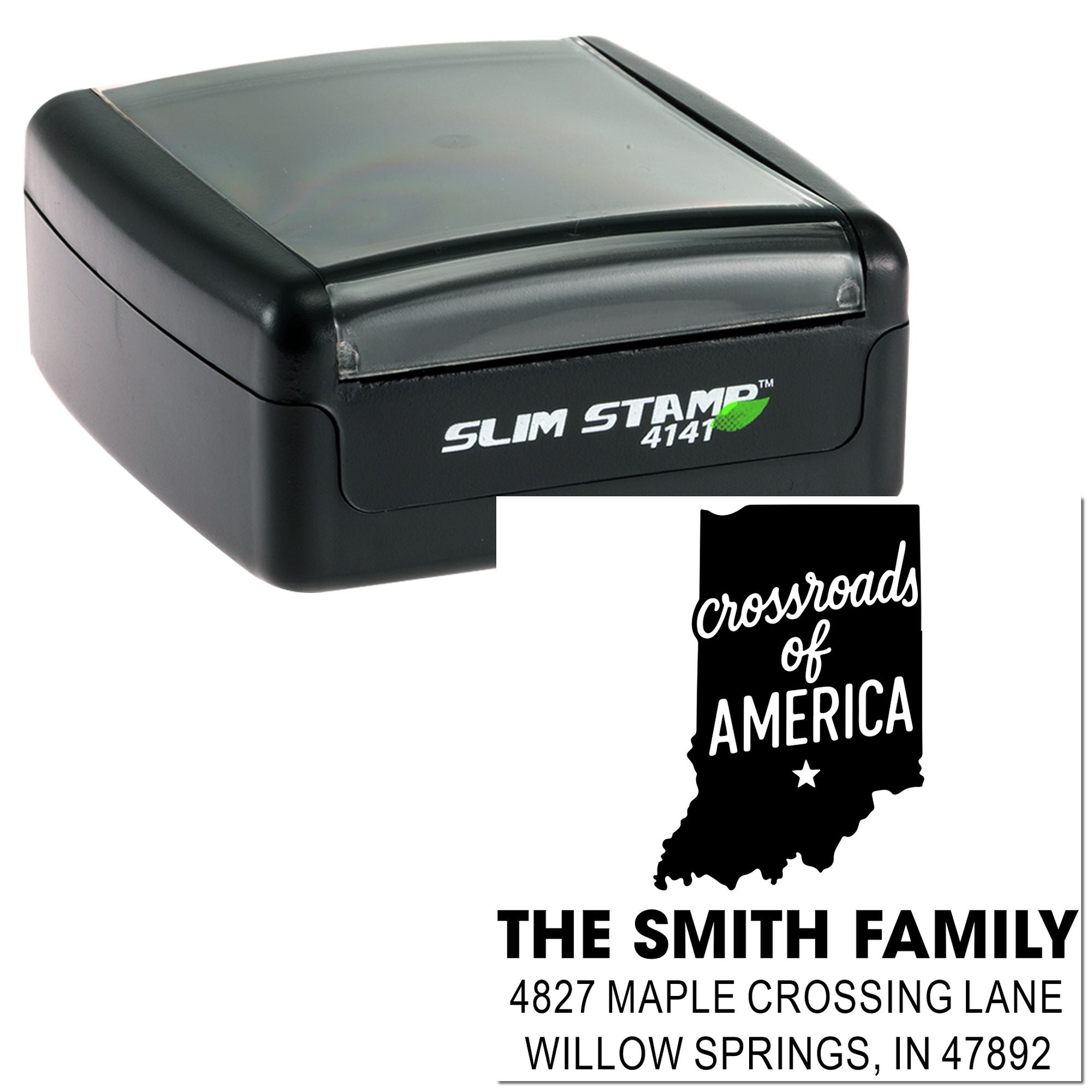 Custom self-inking rubber address stamp, Slim Stamp 4141, with Indiana silhouette and Smith Family return address.