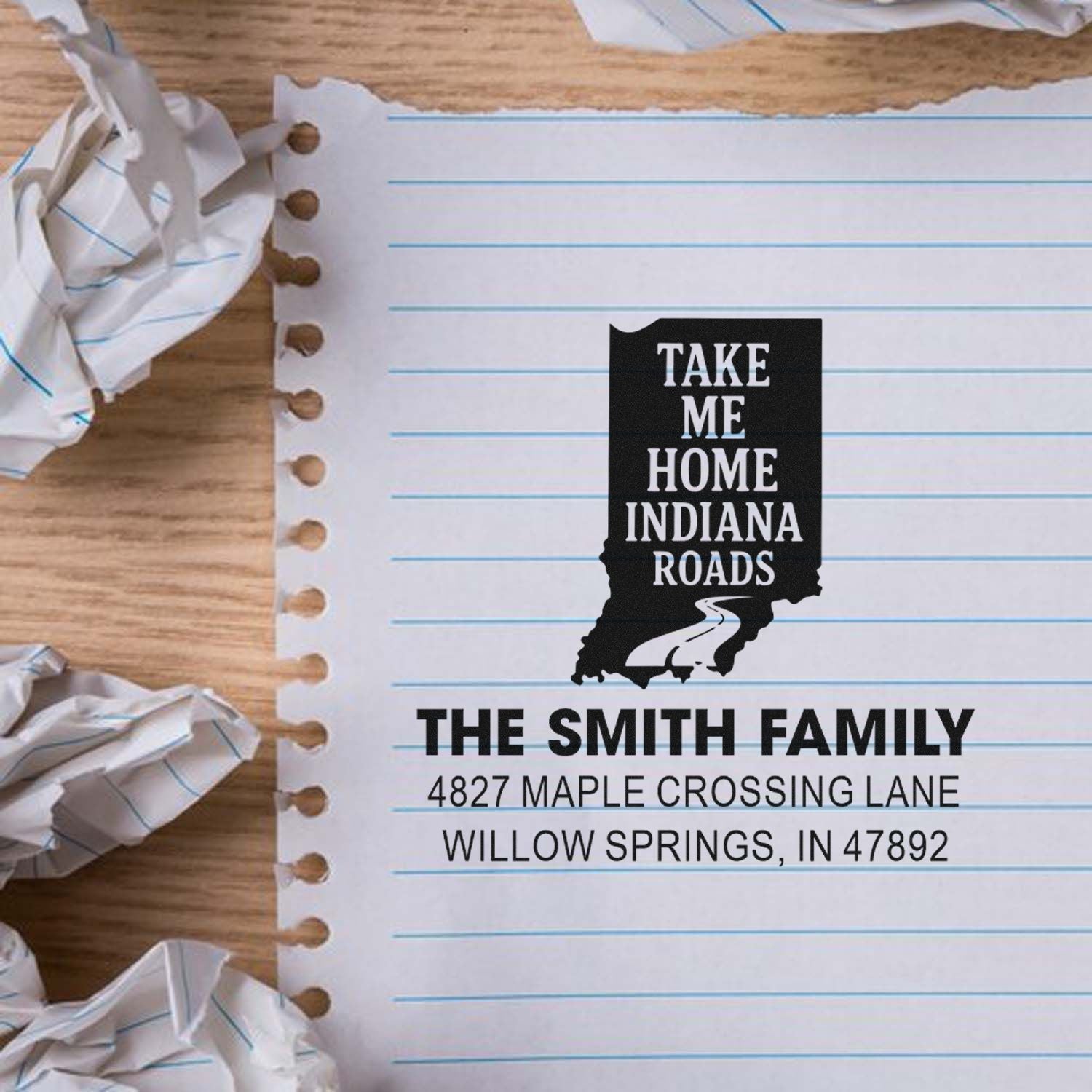 Personalized address rubber stamp with Indiana state outline and Take Me Home Indiana Roads theme for family mailings.