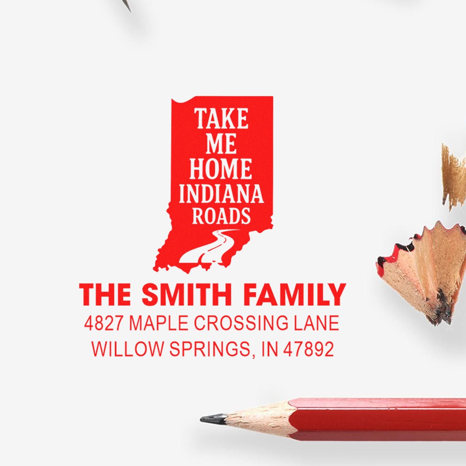 Custom Indiana return address rubber stamp with state outline and Take Me Home Indiana Roads design for personalized mail.