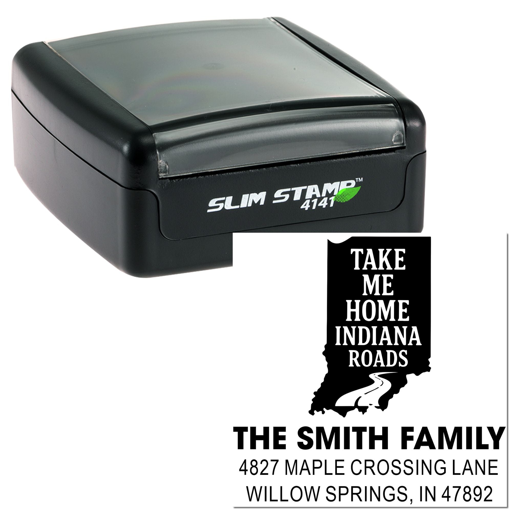 Slim Stamp 4141 self-inking rubber stamp with custom Indiana road return address design for The Smith Family home address imprint.