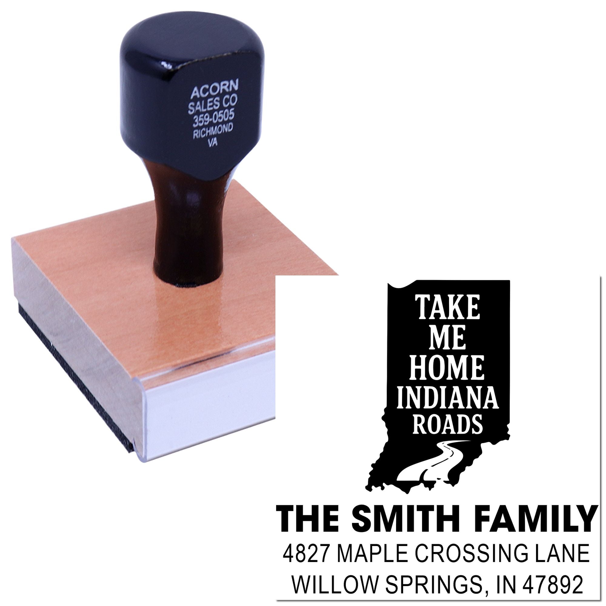 Personalized Indiana return address rubber stamp with family name and address for custom home mailings.