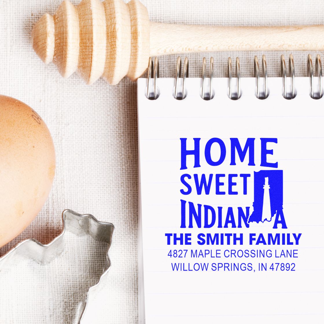 Custom rubber return address stamp featuring Home Sweet Indiana and family name for personalized envelopes and mailing.