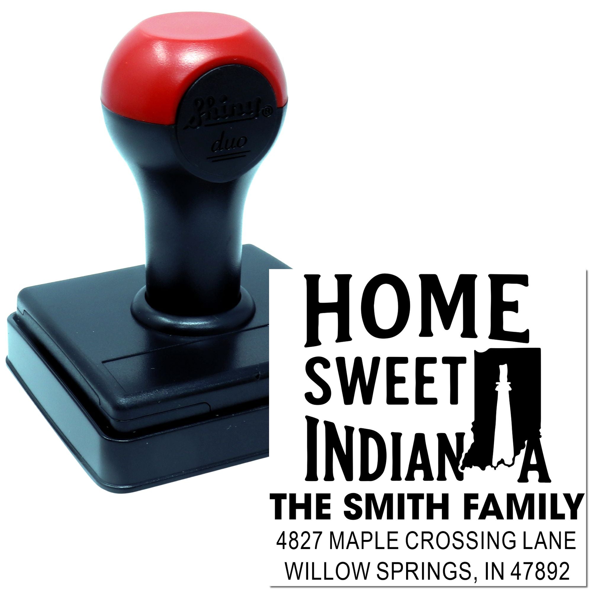 Custom self-inking home address rubber stamp with Home Sweet Indiana design for The Smith Family in Willow Springs, IN.