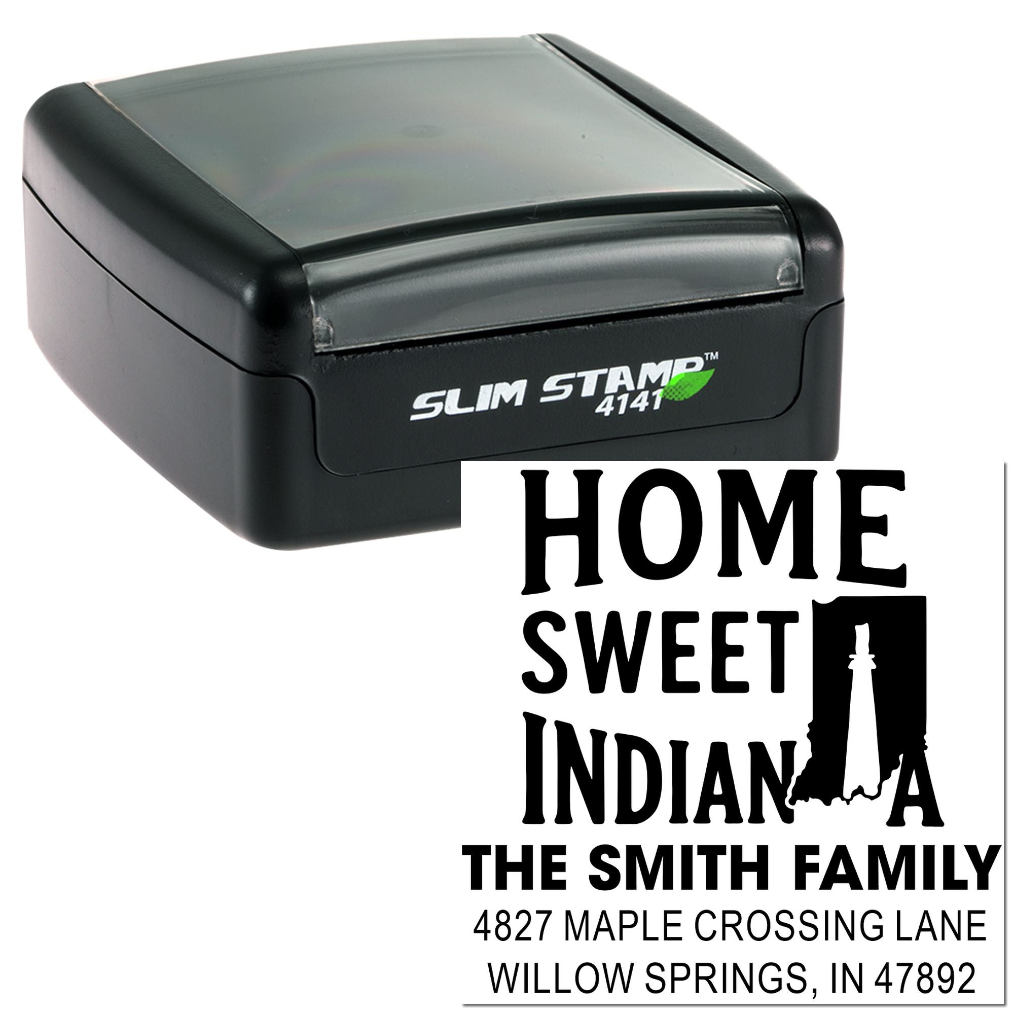 Custom self-inking rubber address stamp with Home Sweet Indiana design for family mail, cards, and crafts.