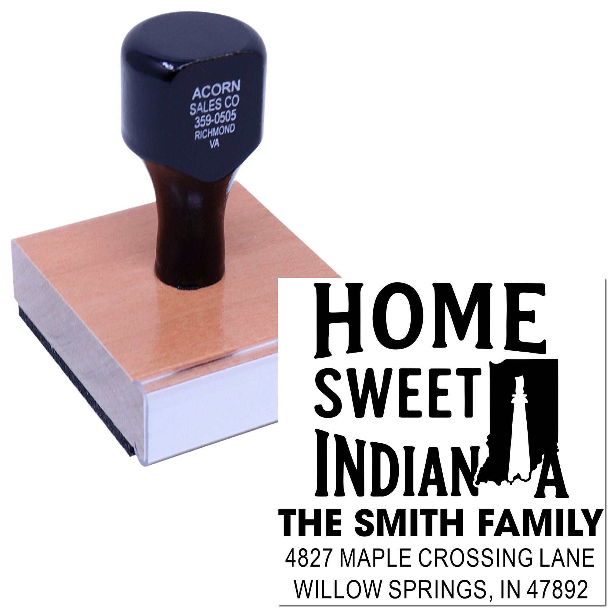 Custom Home Sweet Indiana family address rubber stamp with state outline for personalized mail and home use.