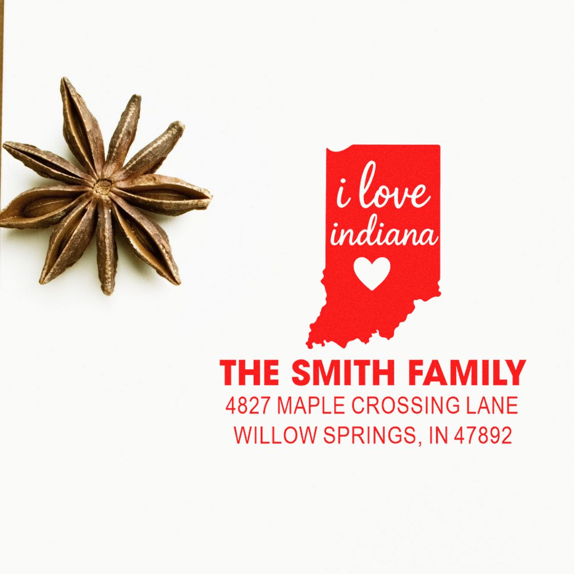 Custom Indiana address rubber stamp with state outline, family name, and mailing address for personalized return envelopes.