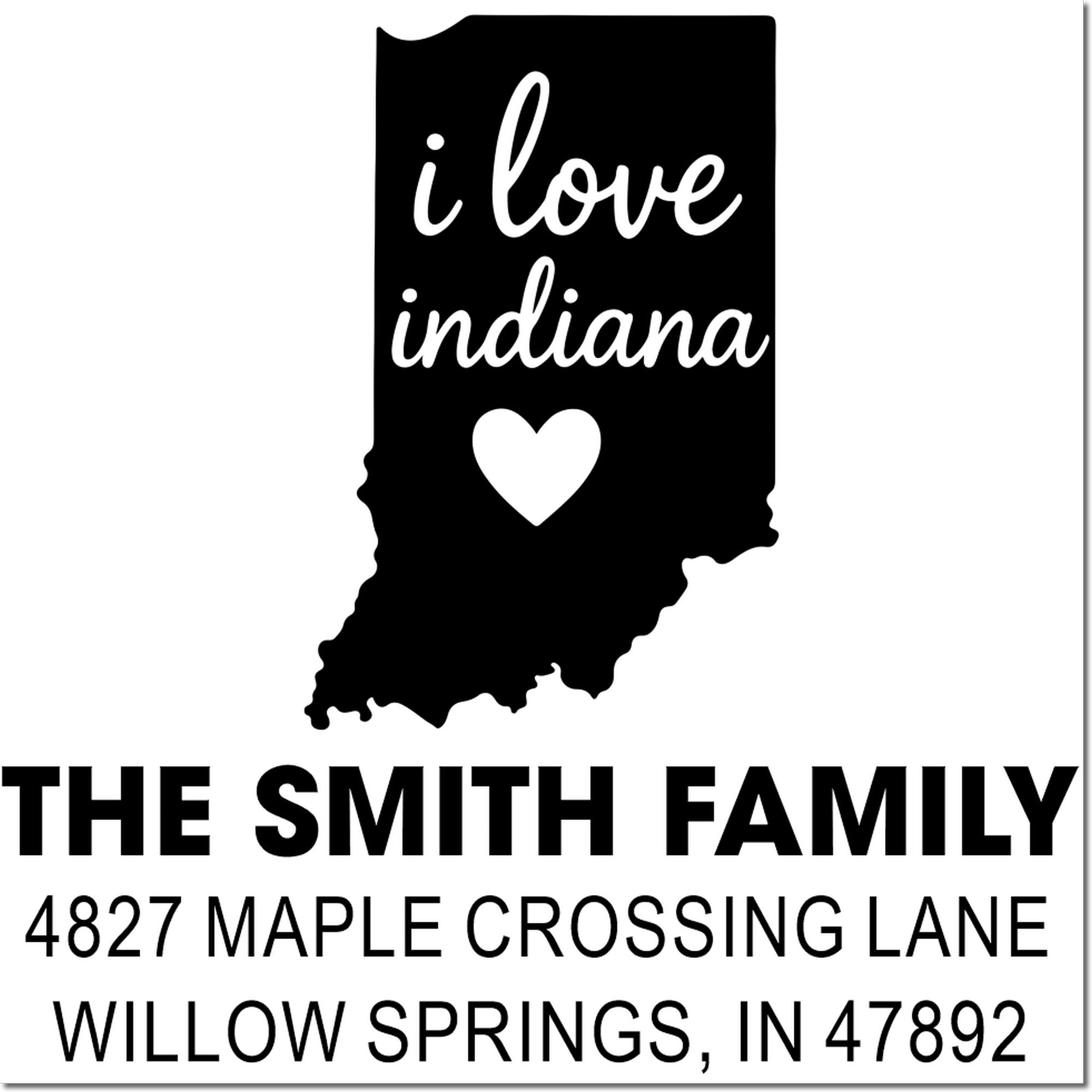 Custom Indiana return address rubber stamp with heart, i love indiana design, Smith family name, and mailing address.