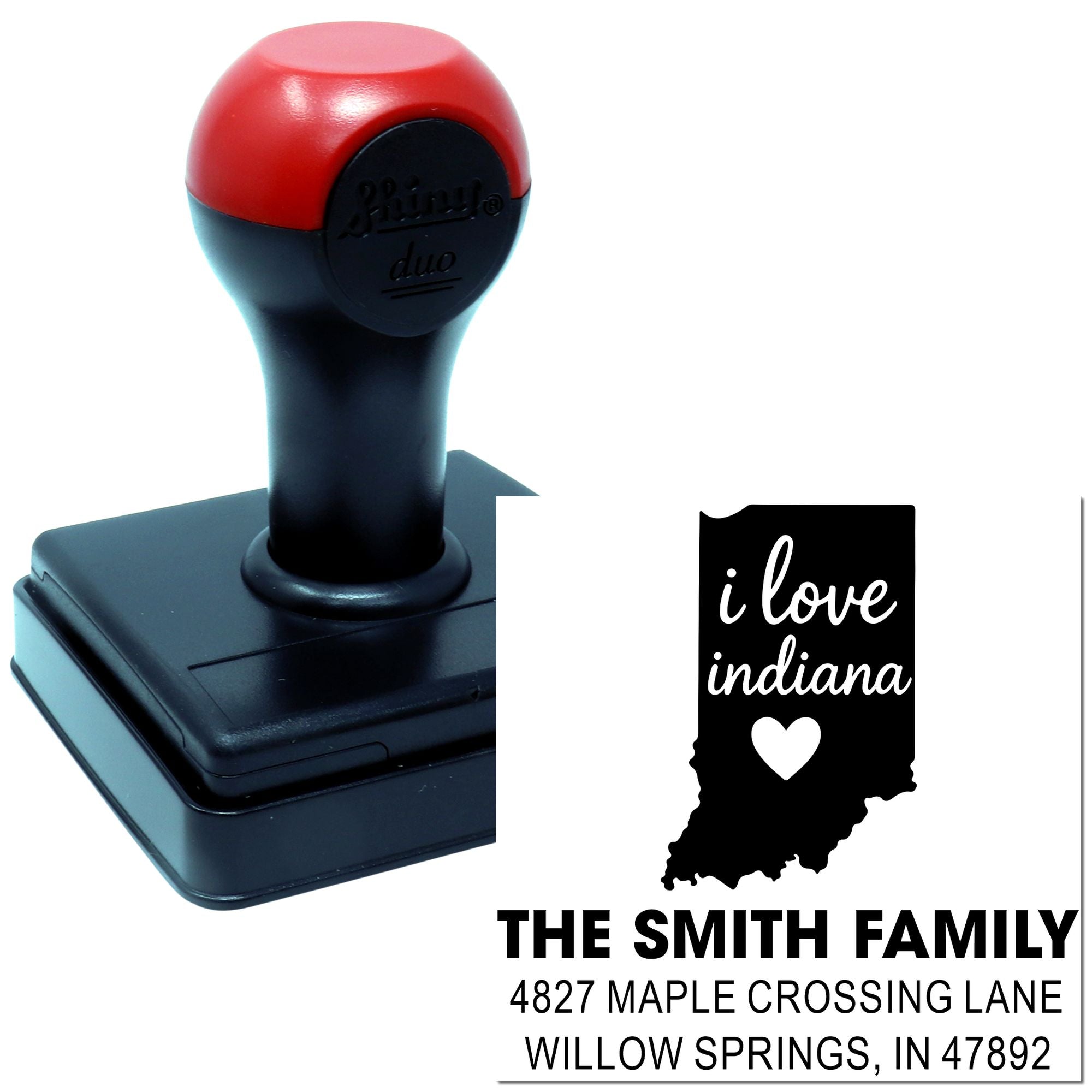 Custom self-inking rubber address stamp with Indiana state design and The Smith Family return address.