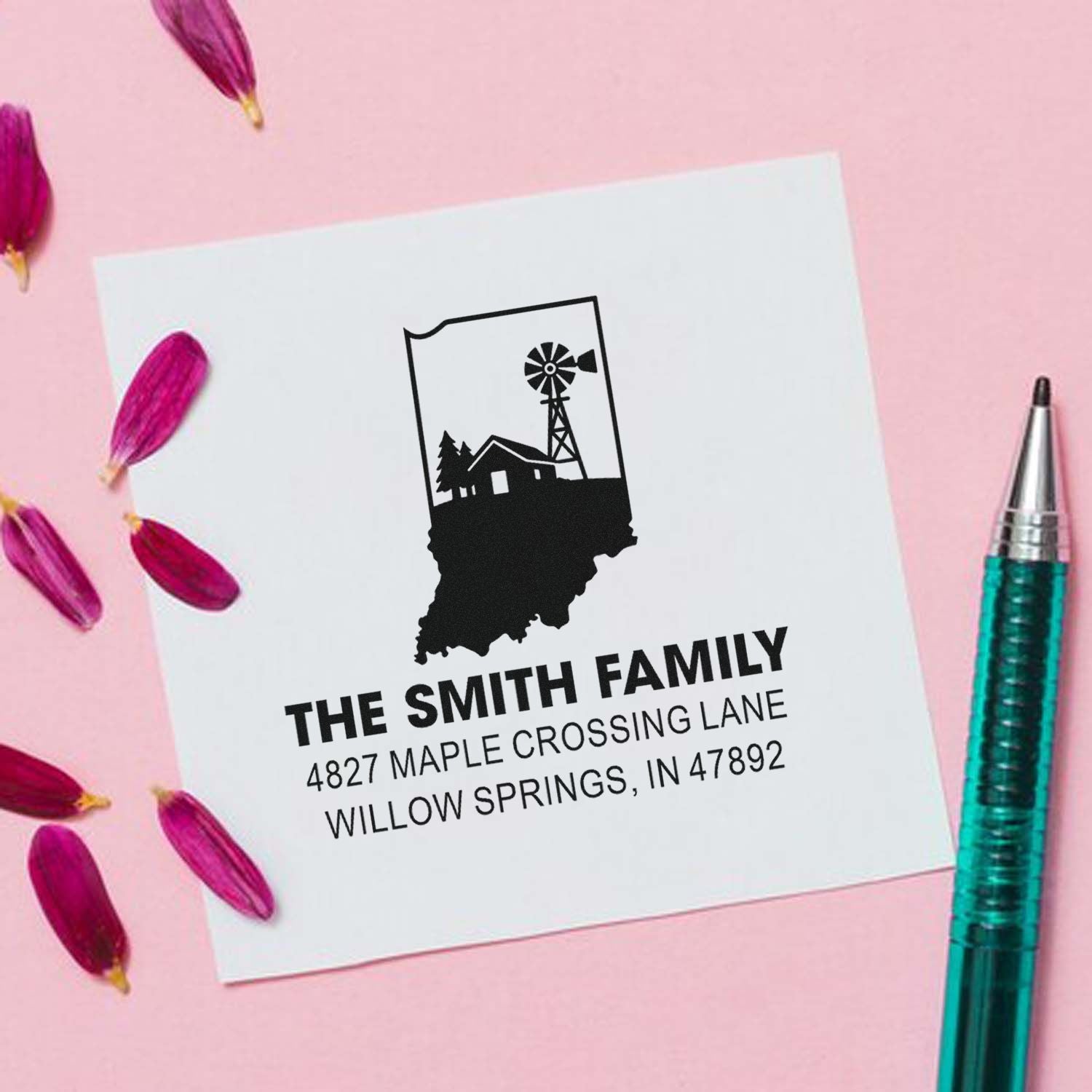 Custom family return address rubber stamp with Indiana farmhouse windmill design, Smith family name, and mailing address.