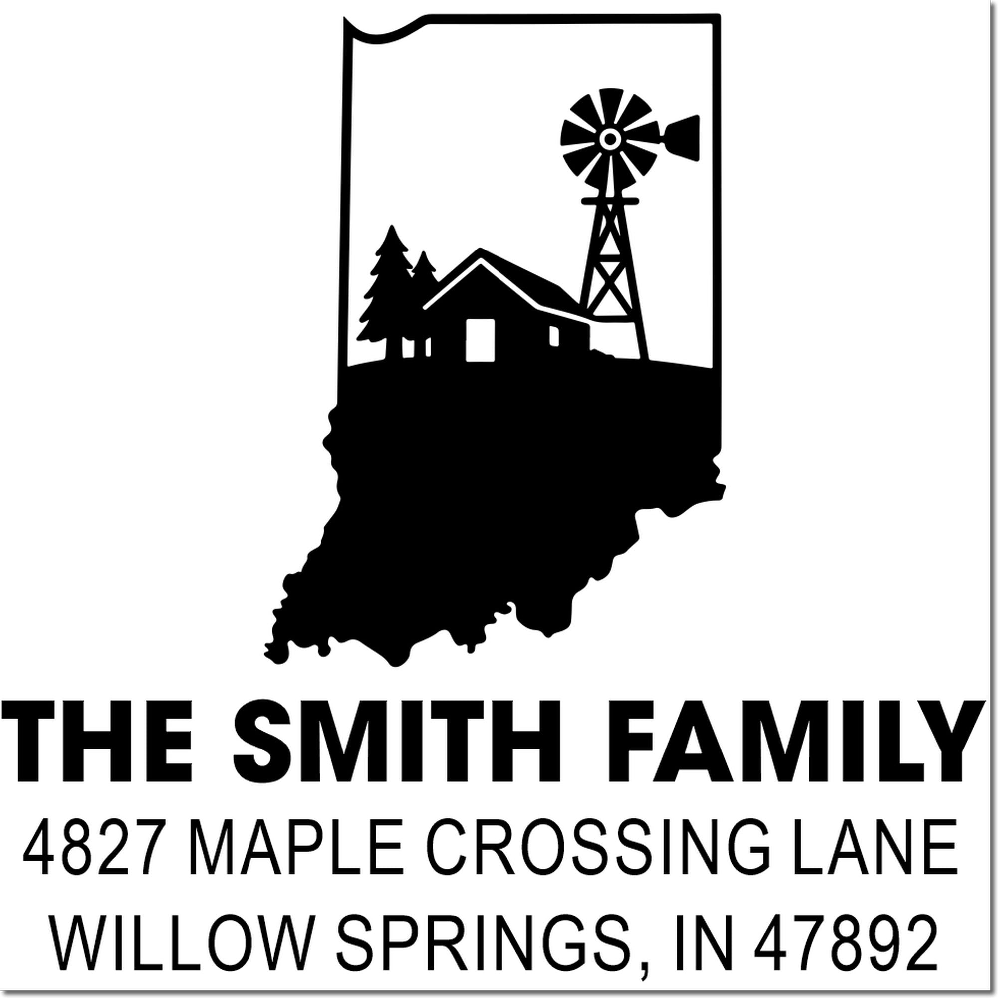 Indiana farmhouse return address rubber stamp with windmill, The Smith Family, Maple Crossing Lane, Willow Springs, IN 47892.