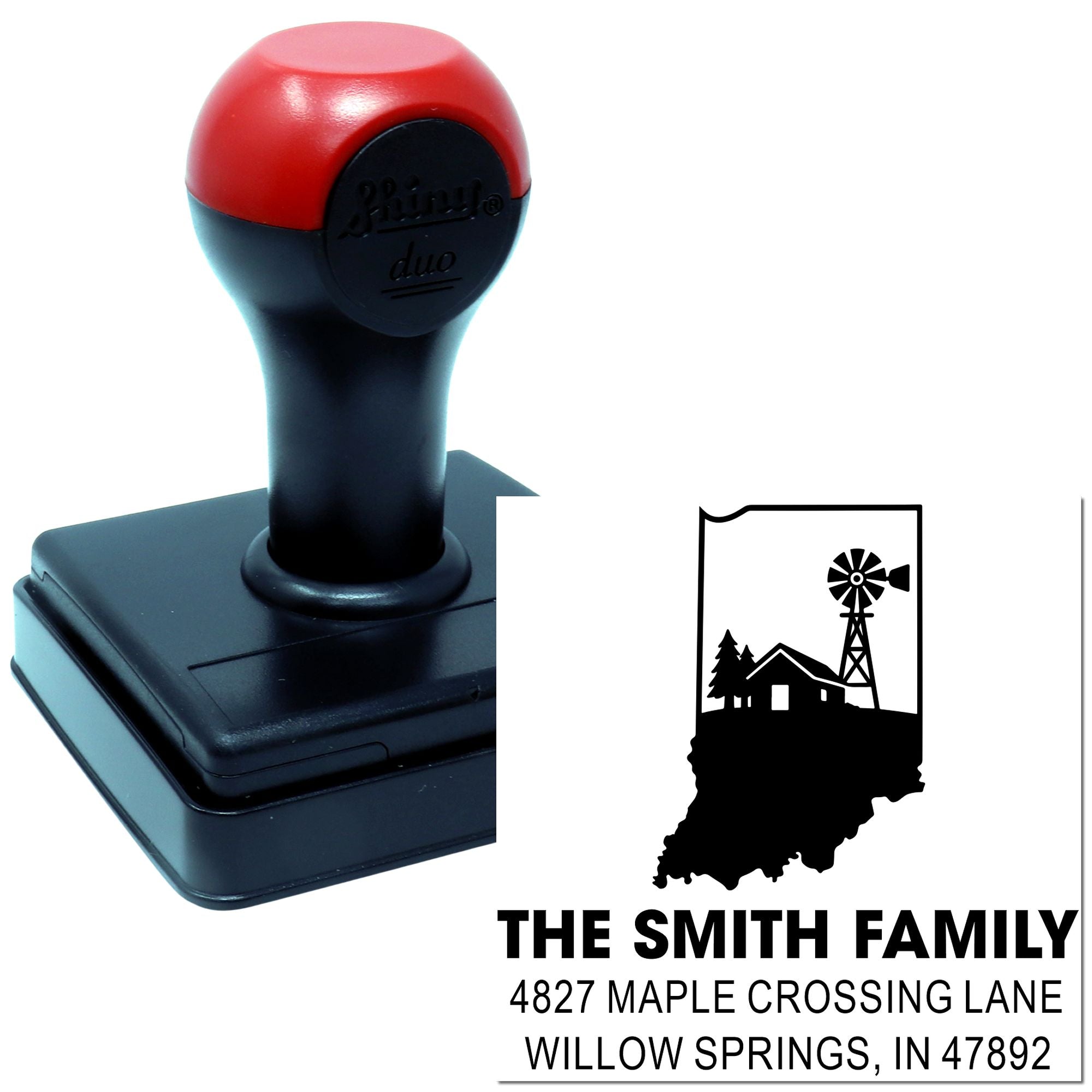 Custom self-inking return address rubber stamp with Indiana state design, personalized family name, and farm windmill imprint