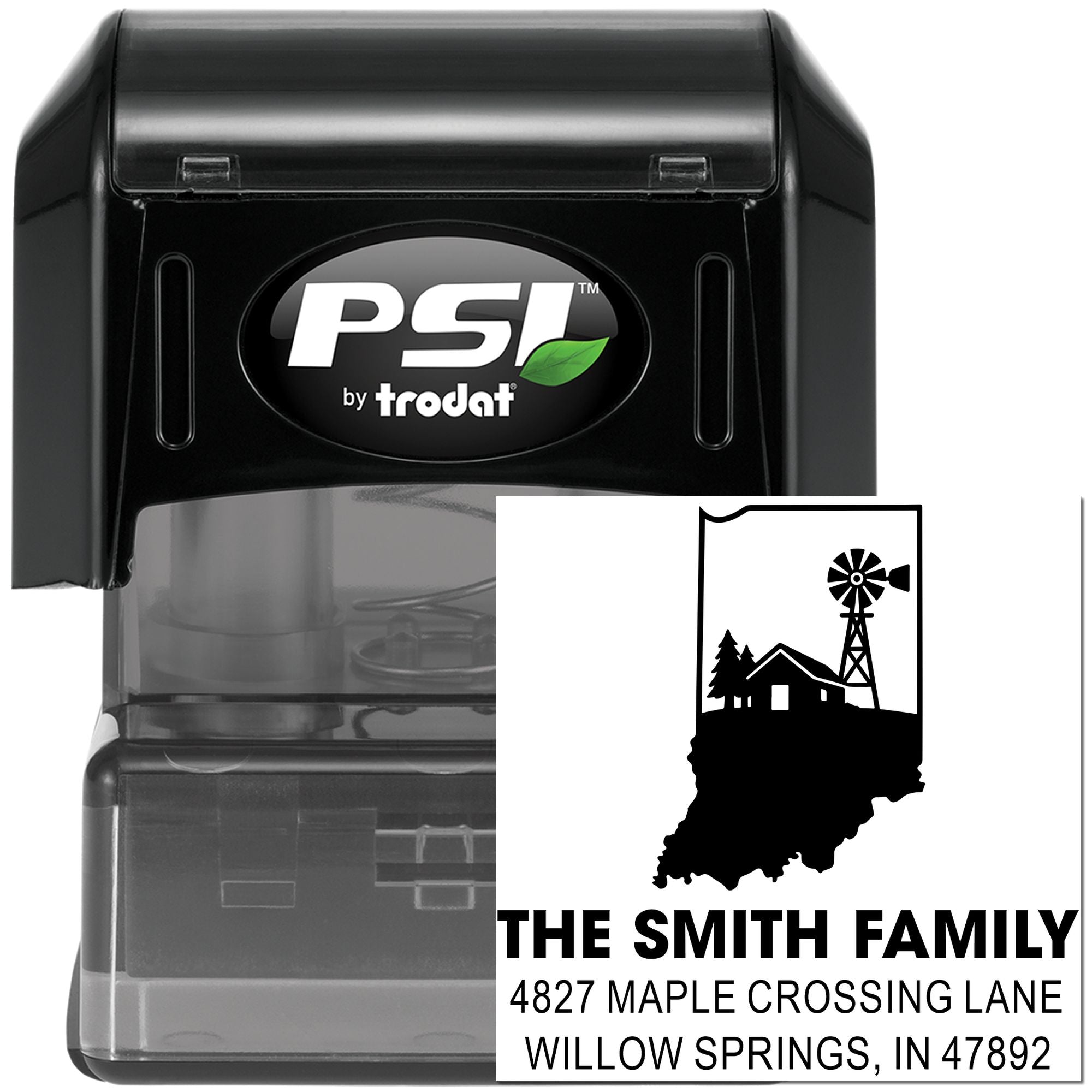 Personalized PSI by Trodat self-inking return address rubber stamp with Indiana farm design and Smith family address.