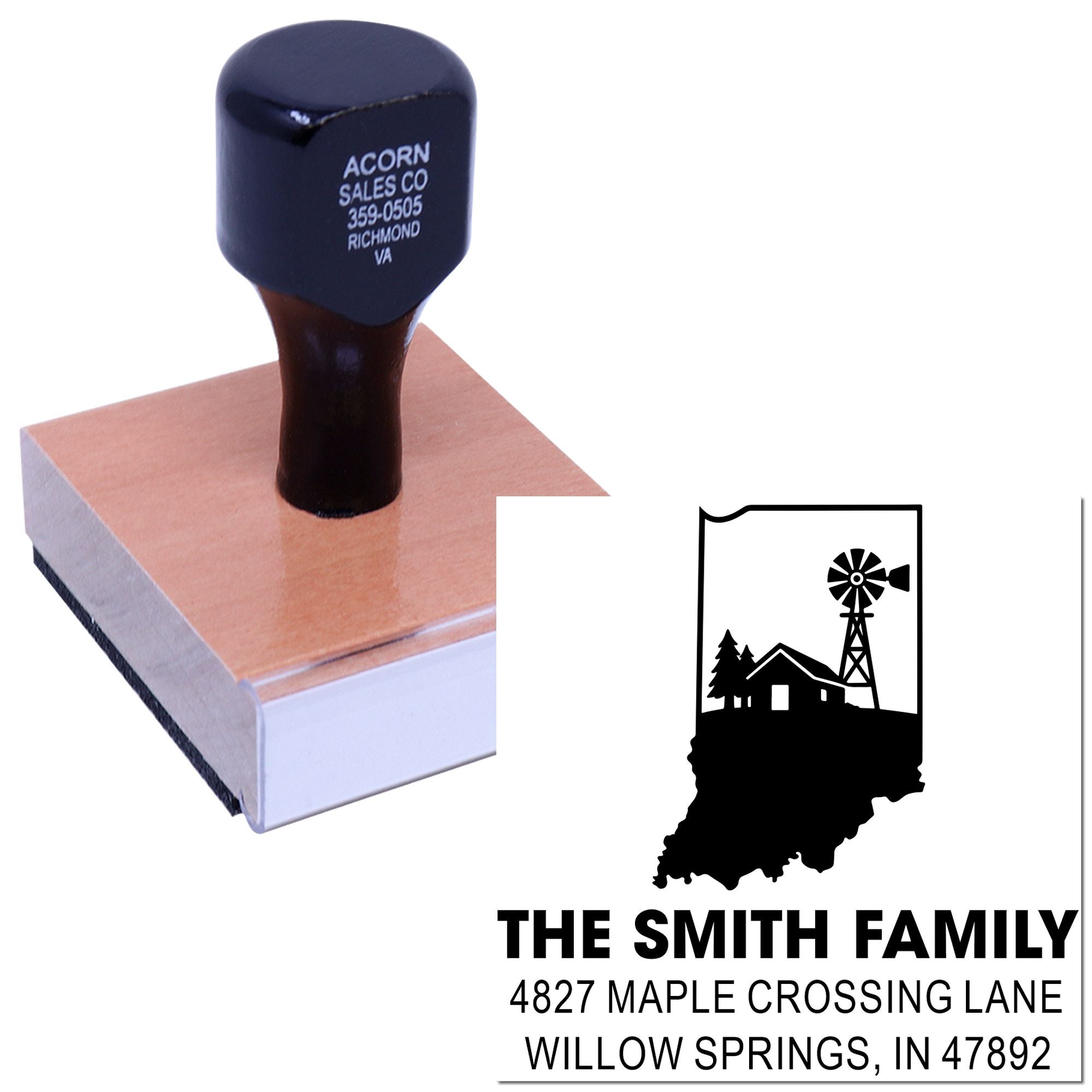 Custom address rubber stamp with farmhouse and Indiana design, featuring The Smith Family return address for mailing.