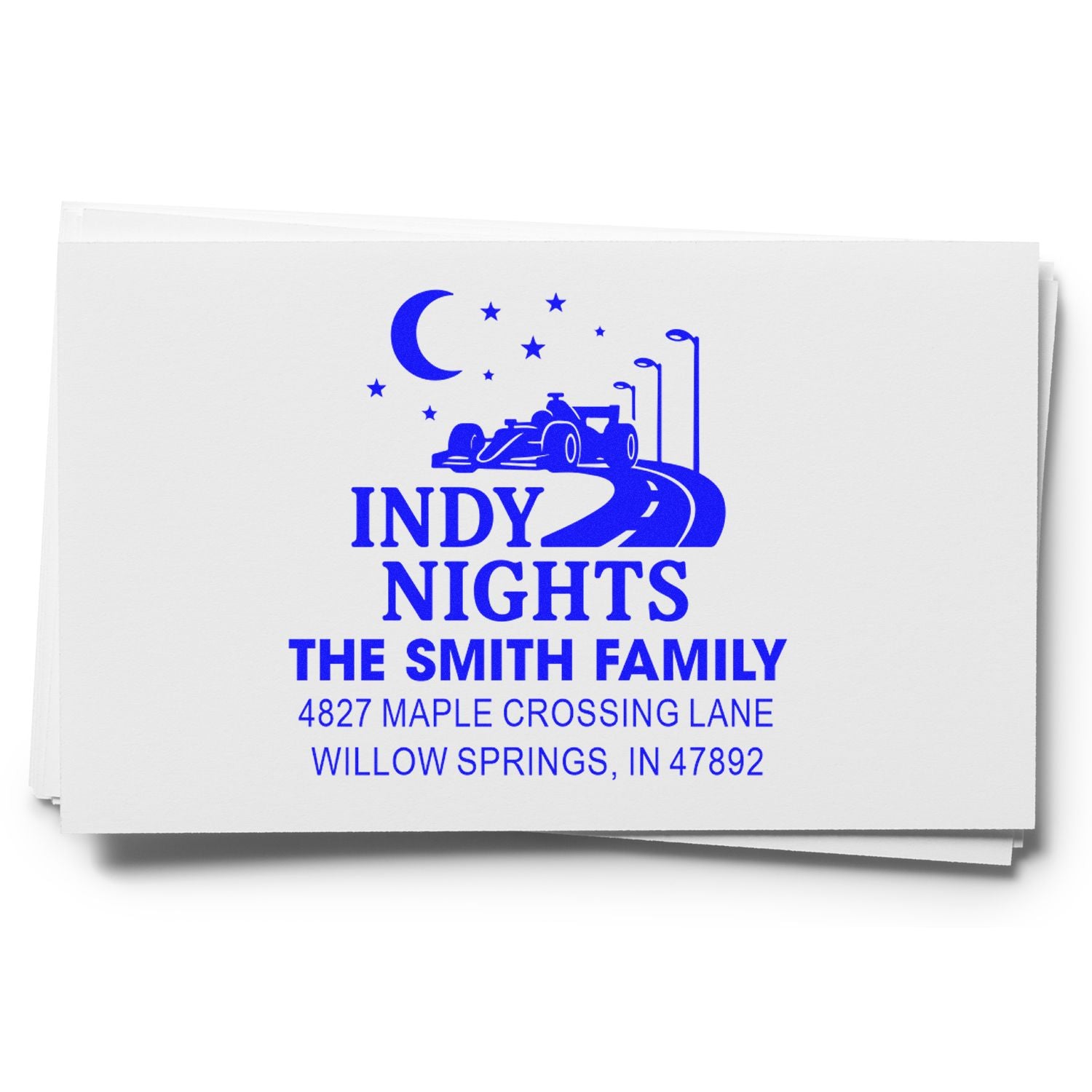 Custom Indy Nights rubber stamp with race car design and Smith family return address, Willow Springs, IN.