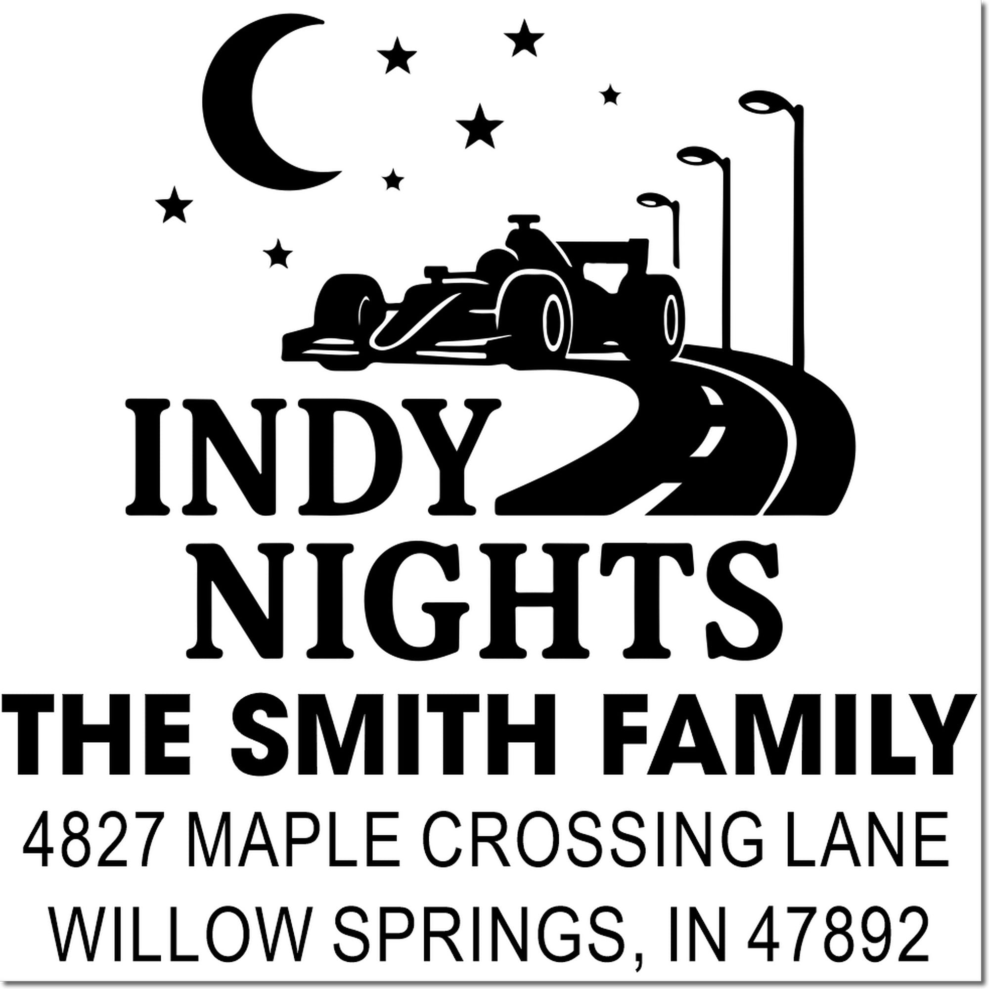 Personalized return address rubber stamp for The Smith Family, with Indy Nights race car design and Willow Springs, IN 47892.