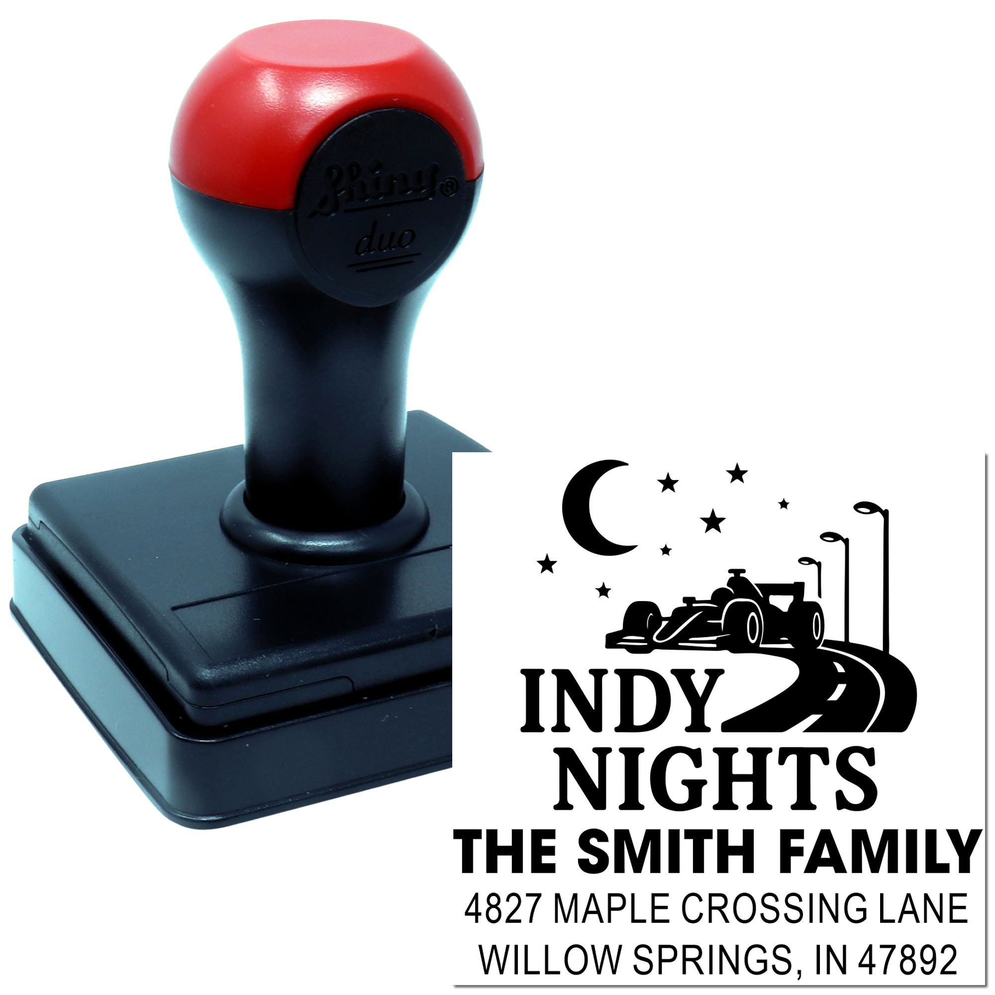 Custom rubber address stamp for Indy 500 Nights, featuring race car design, family name, and return address.