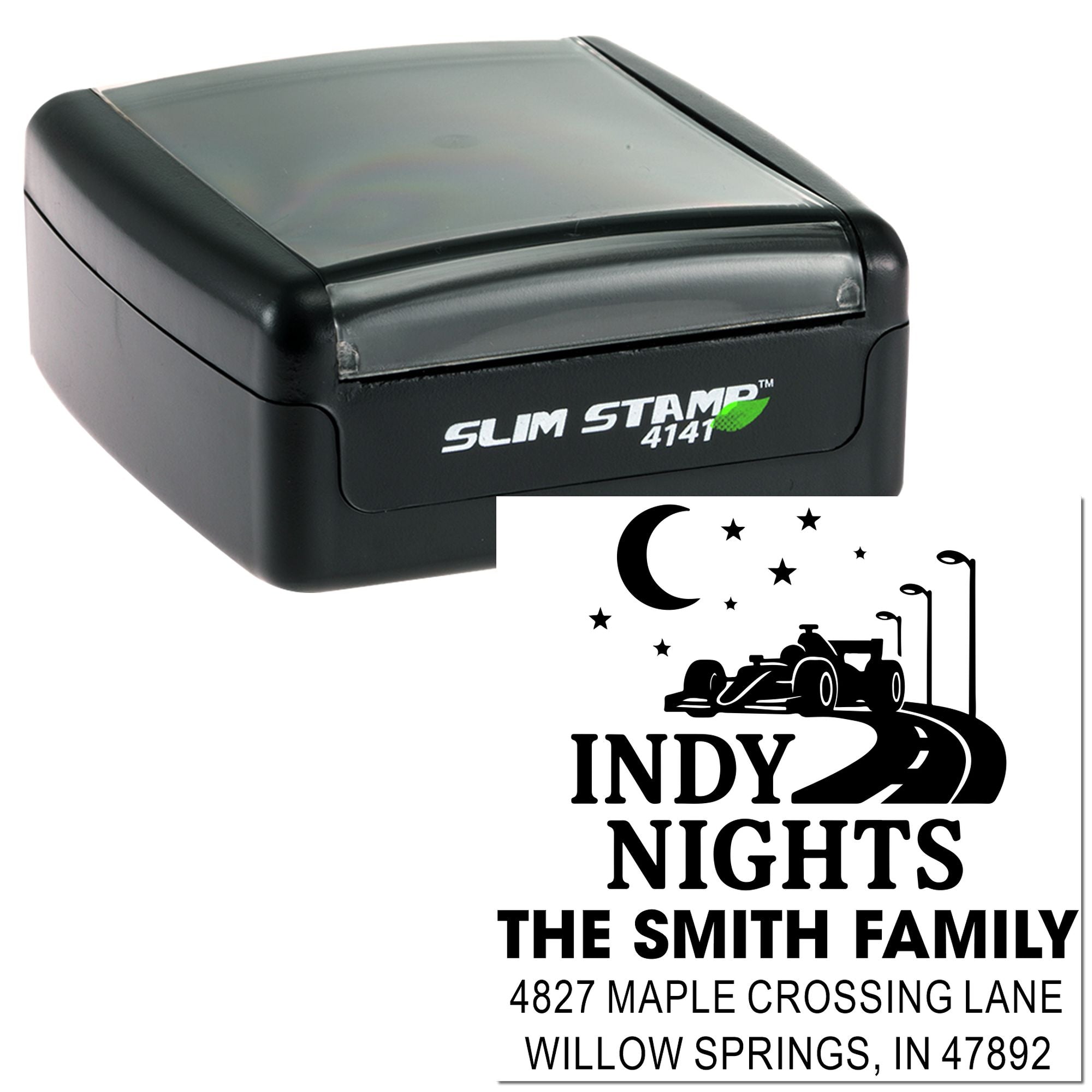 Custom self-inking rubber stamp with Indy Nights race car return address design for The Smith Family.