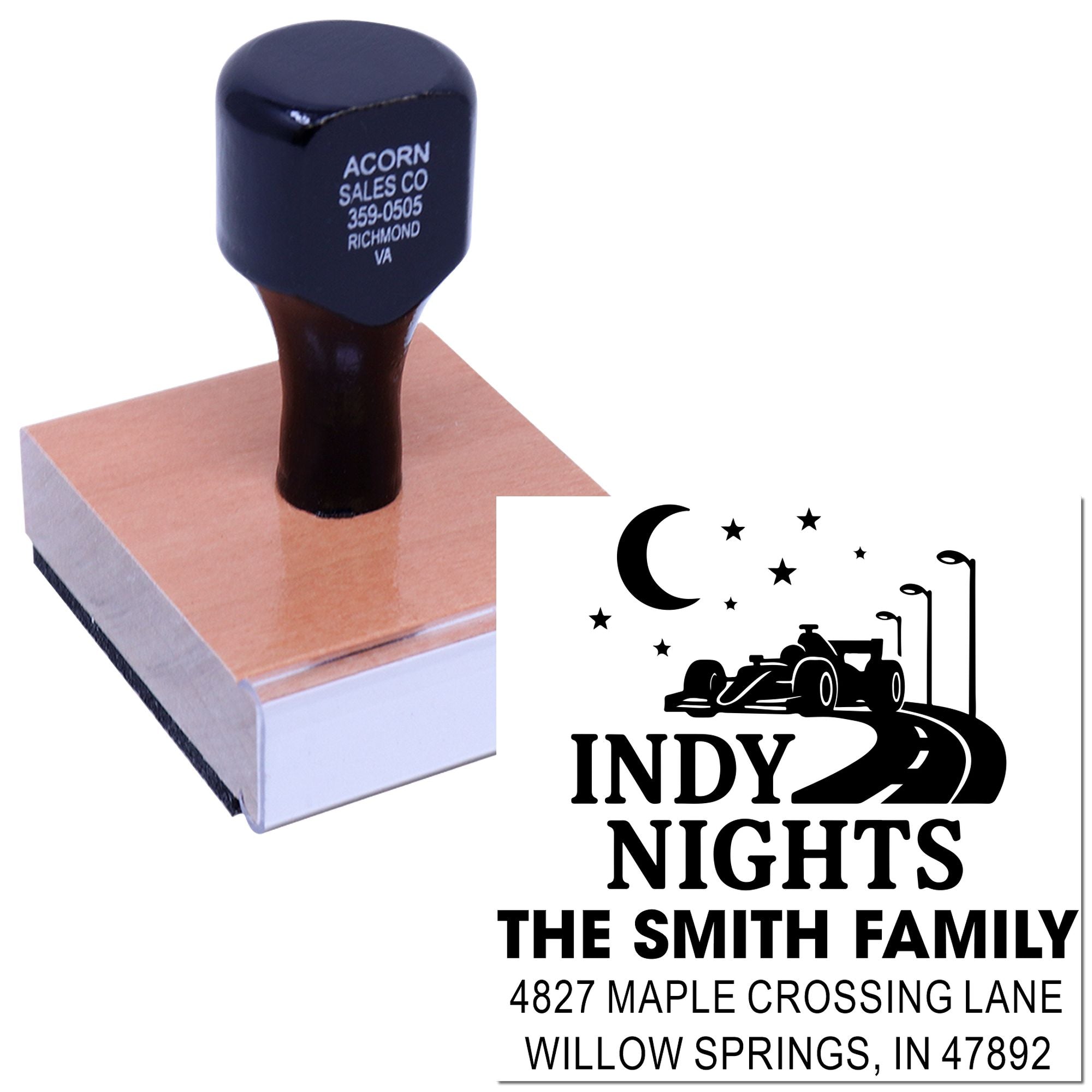Custom rubber stamp with Indy Nights race car logo and personalized family address imprint for mailing and event branding.