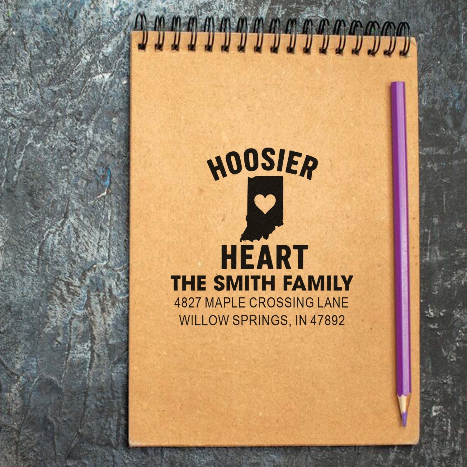Personalized Hoosier Heart Indiana return address rubber stamp with family name on notebook cover