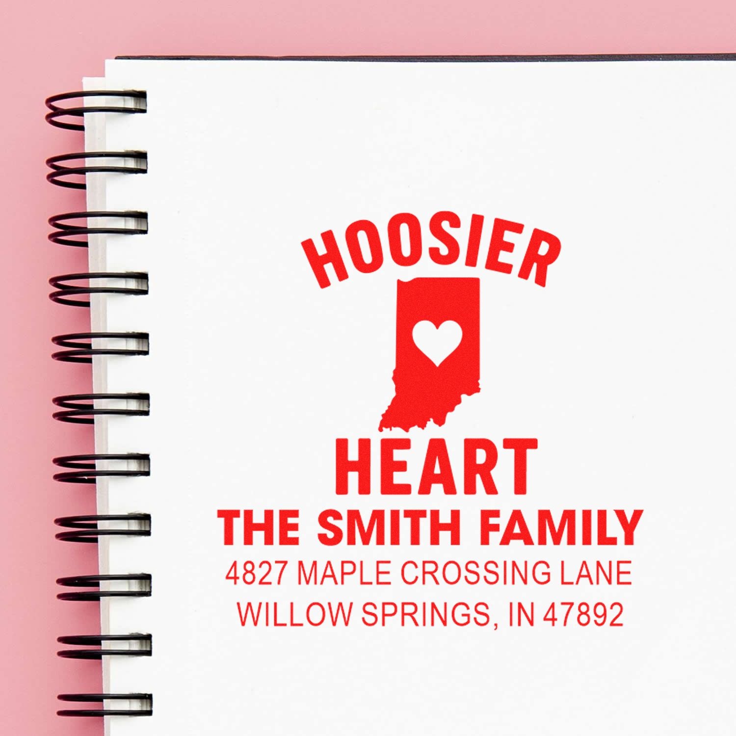 Personalized Hoosier Heart custom address rubber stamp with Indiana state icon for The Smith Family.
