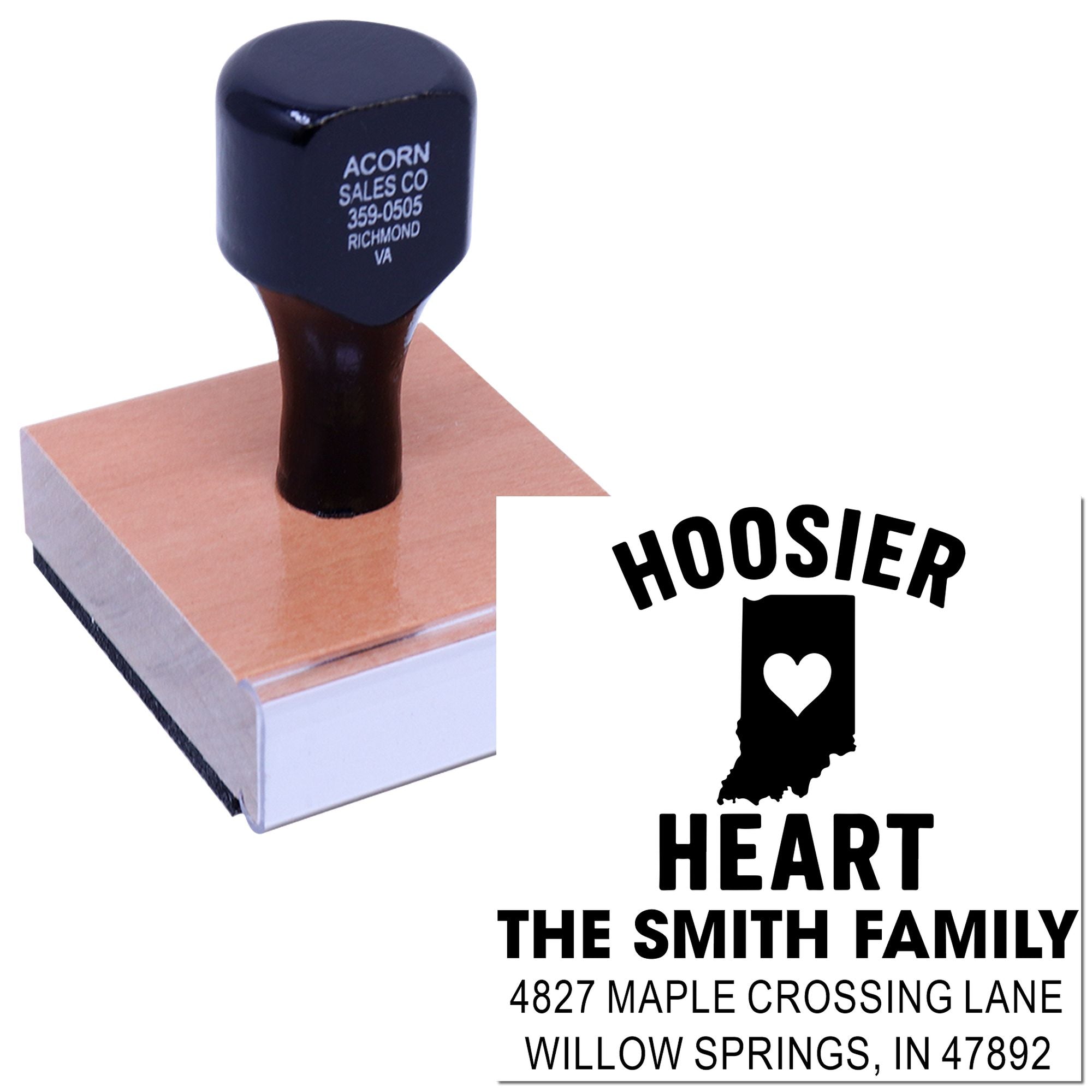 Personalized return address rubber stamp with Indiana heart design, showing The Smith Family address imprint.