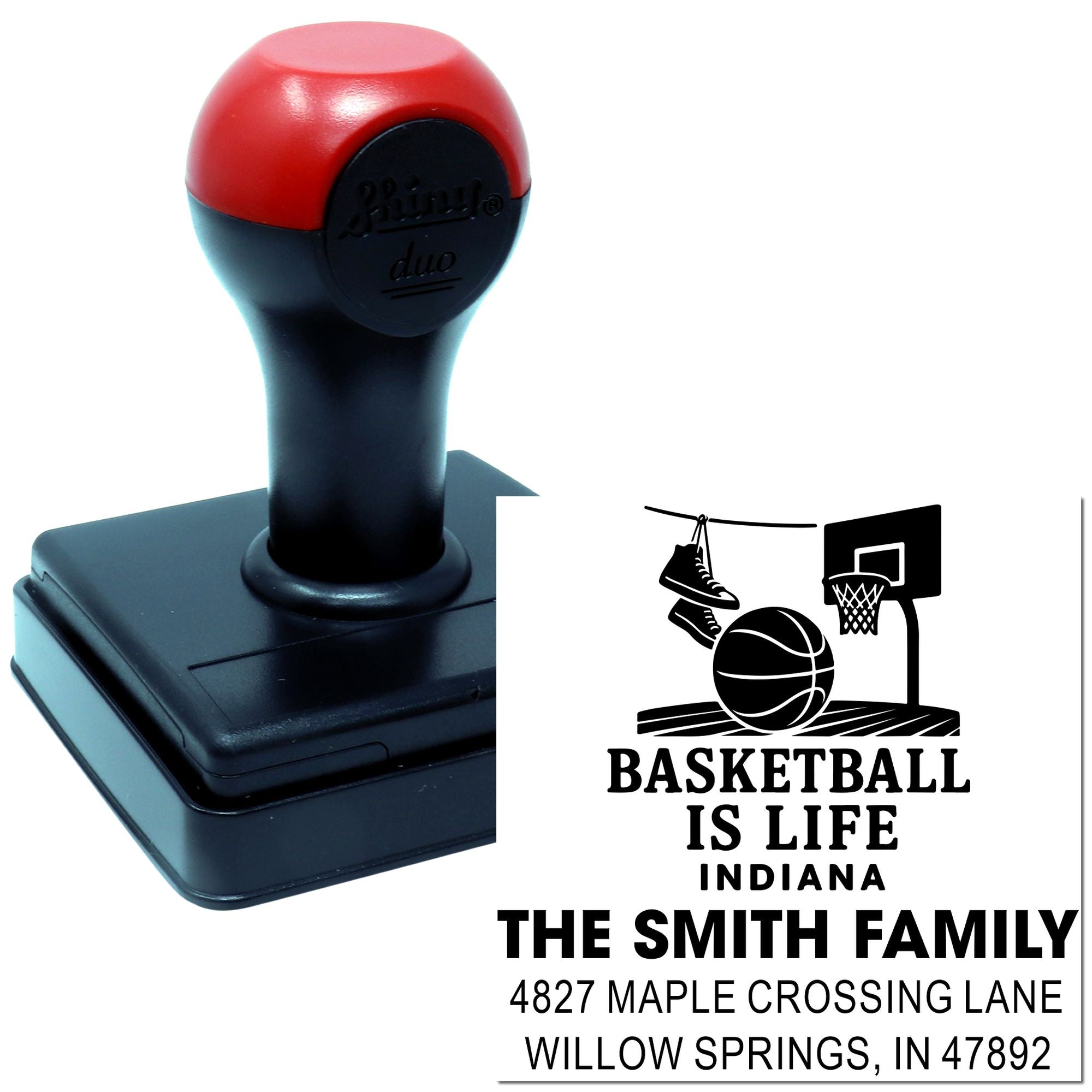 Custom self-inking basketball rubber stamp for The Smith Family return address in Indiana.