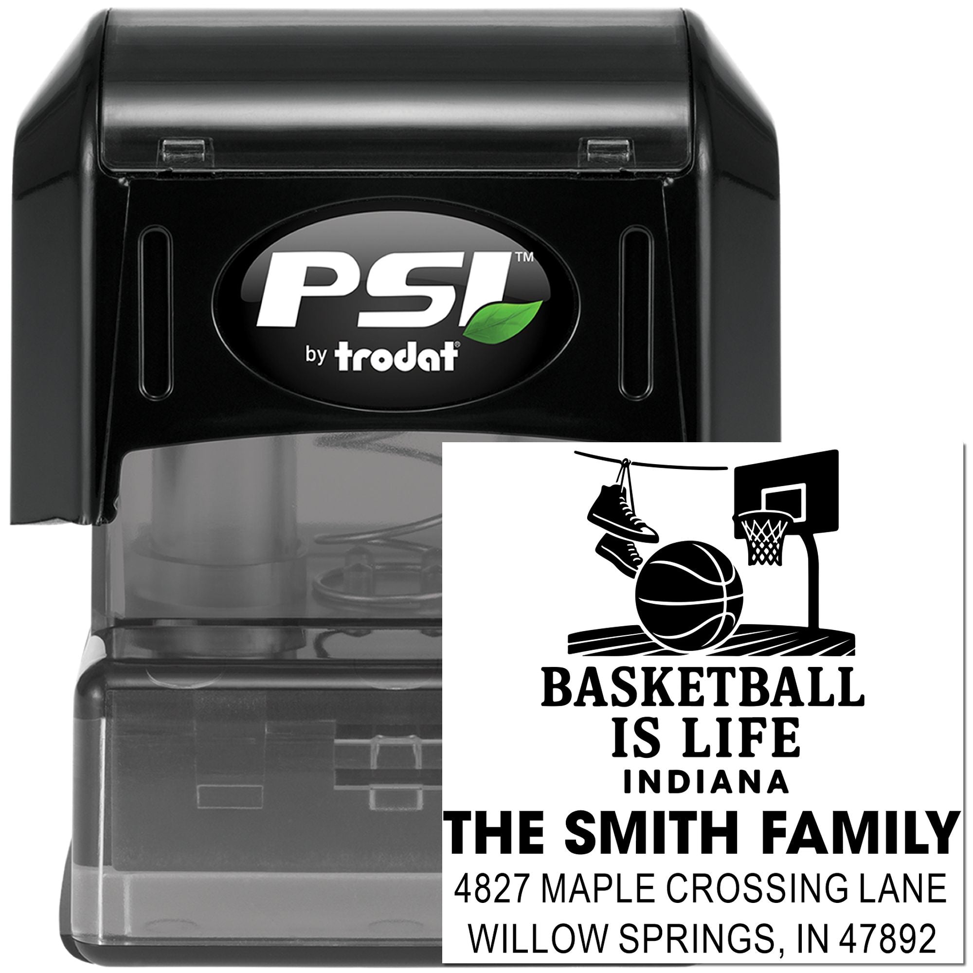 Personalized self-inking basketball rubber stamp with family name and address, PSI by Trodat custom return address stamp