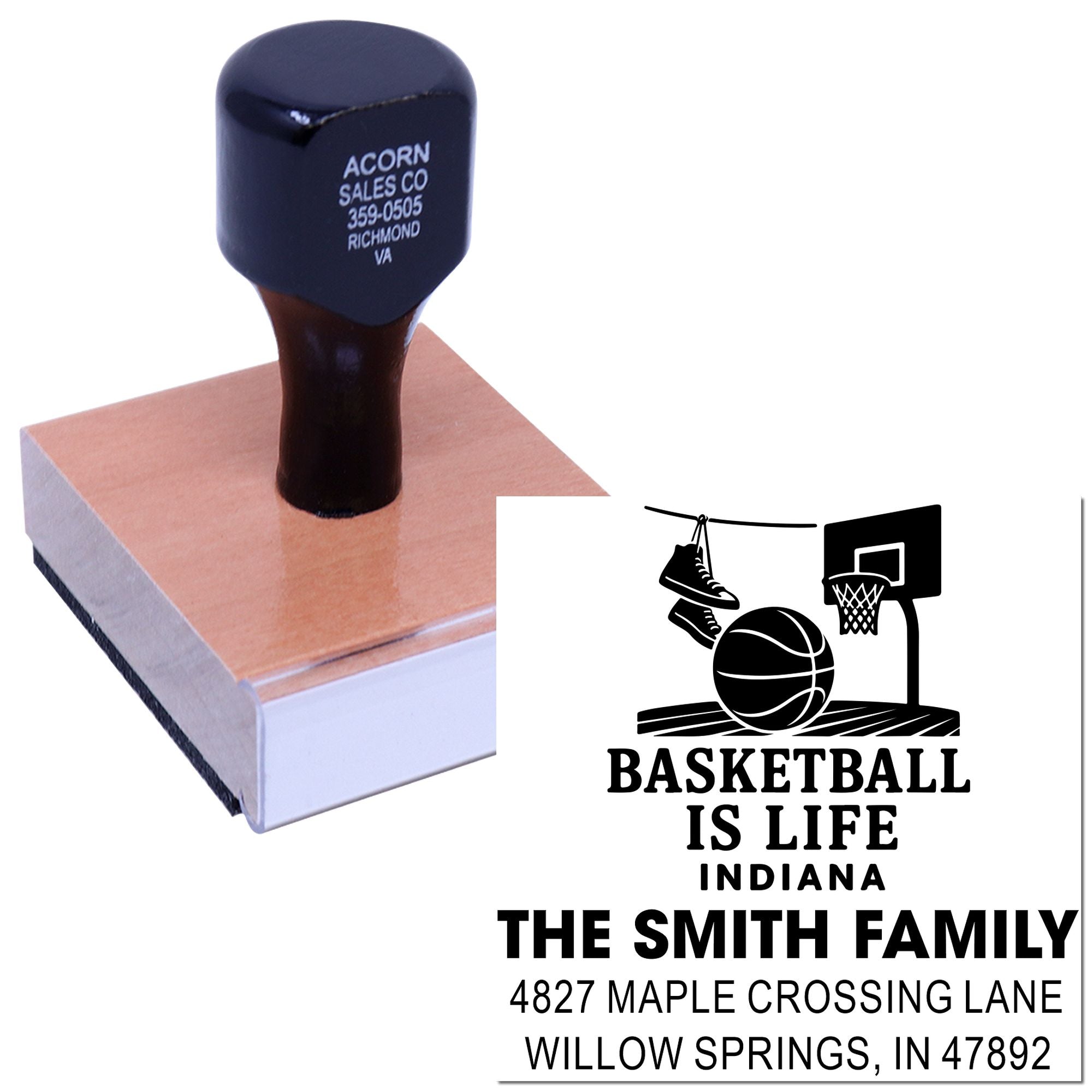 Personalized basketball return address rubber stamp for The Smith Family, Indiana, with custom sports design.