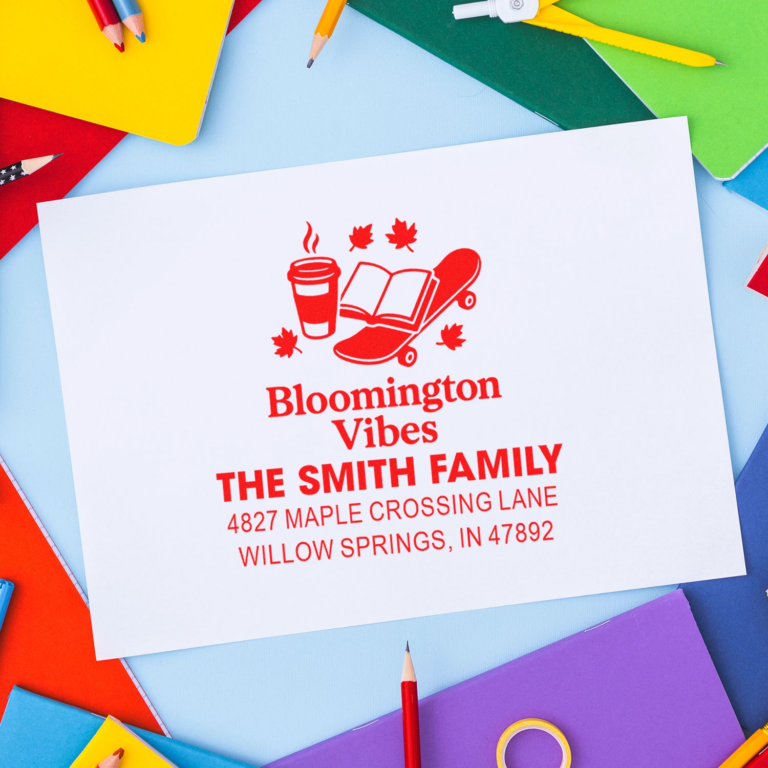 Personalized rubber stamp with family return address for The Smith Family, Bloomington Vibes, Willow Springs, IN 47892.