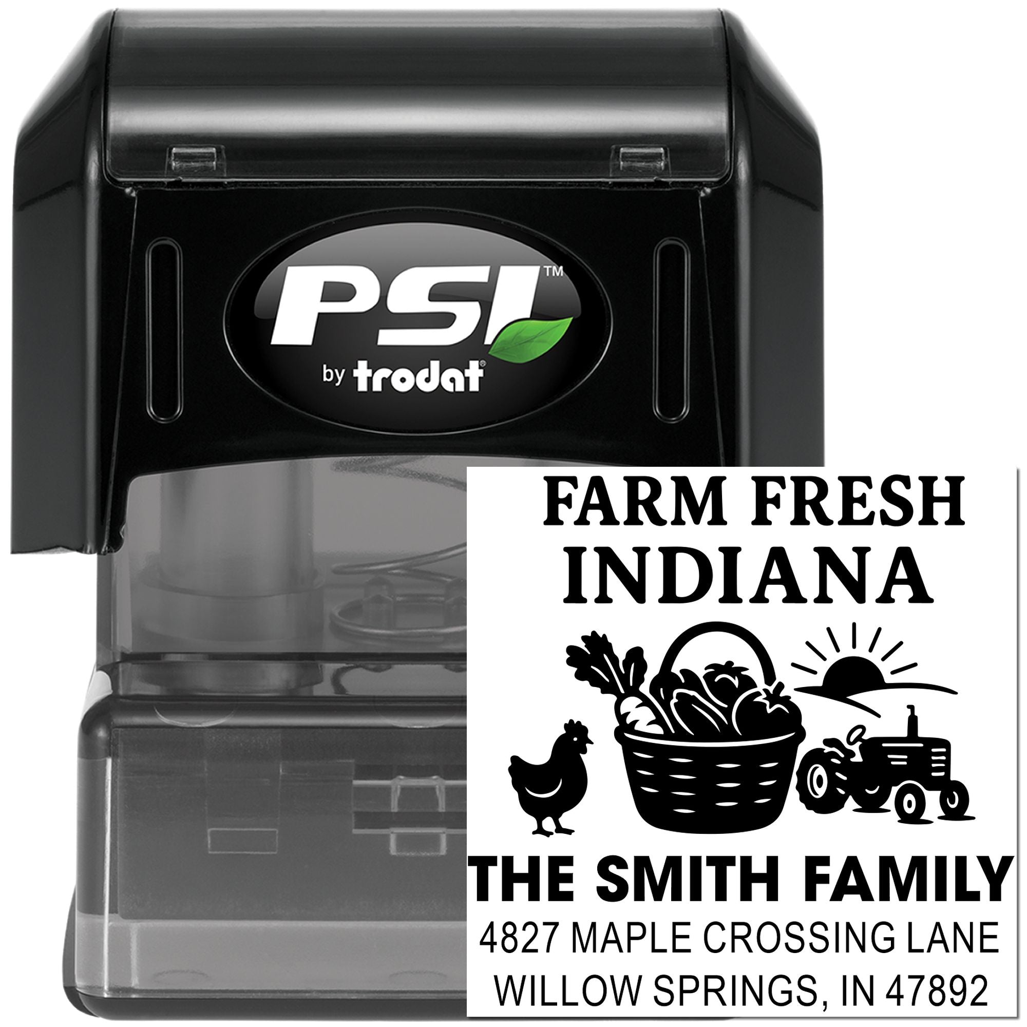 Custom self-inking farm fresh address rubber stamp by PSI Trodat for Indiana family branding and produce packaging.