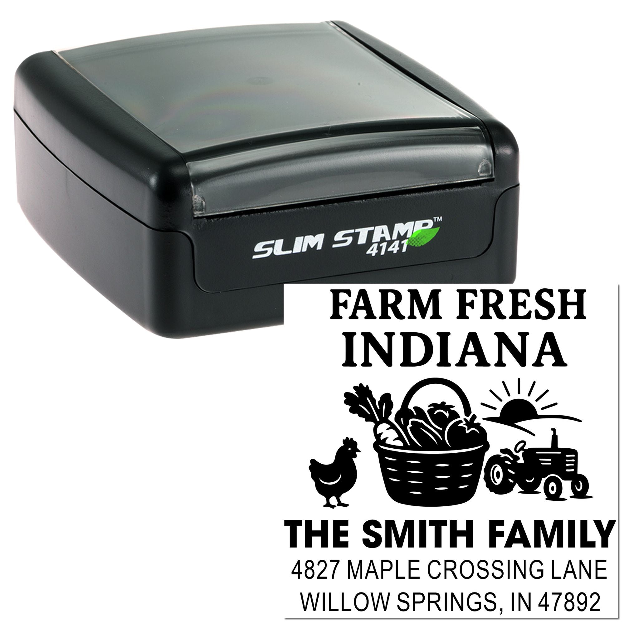 Custom farm fresh Indiana address rubber stamp with family name, tractor, and produce basket design.
