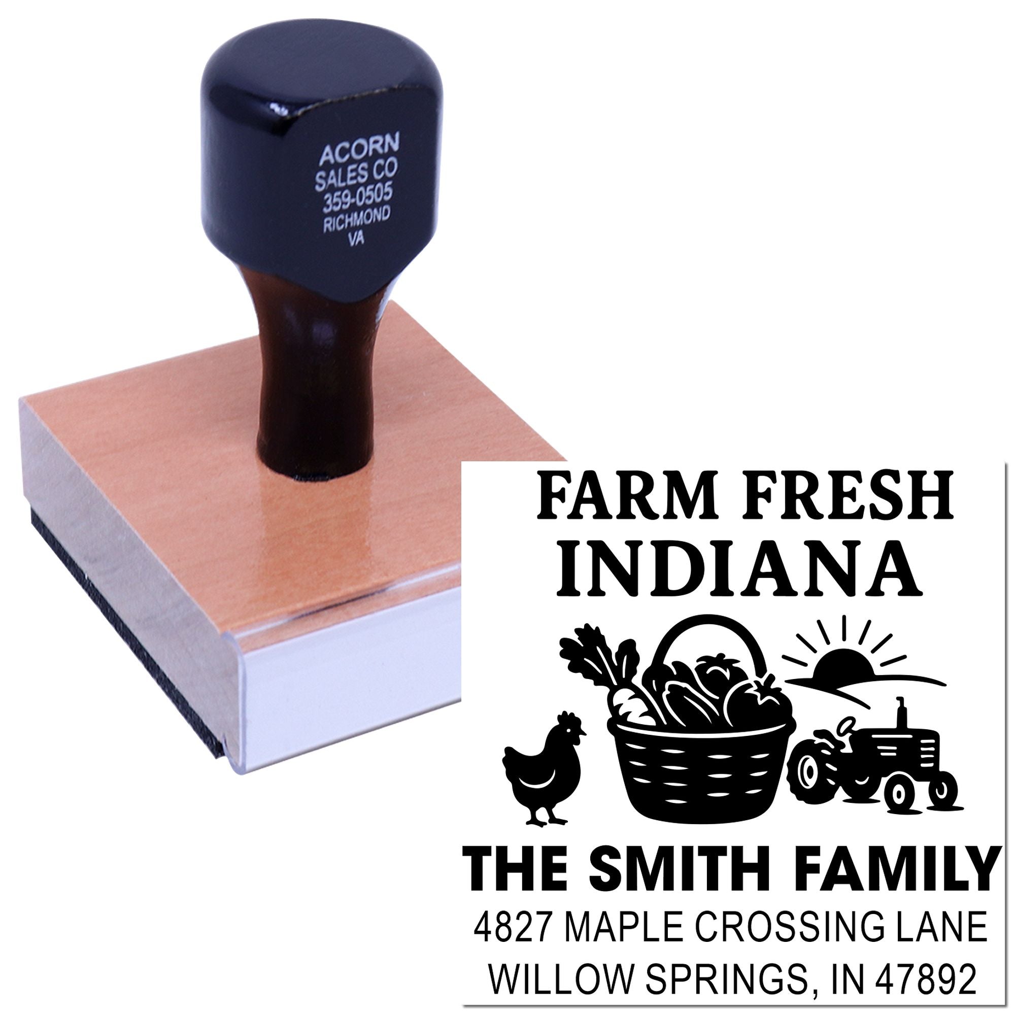 Custom Farm Fresh Indiana address rubber stamp with farm produce graphic and family name for packaging and branding.