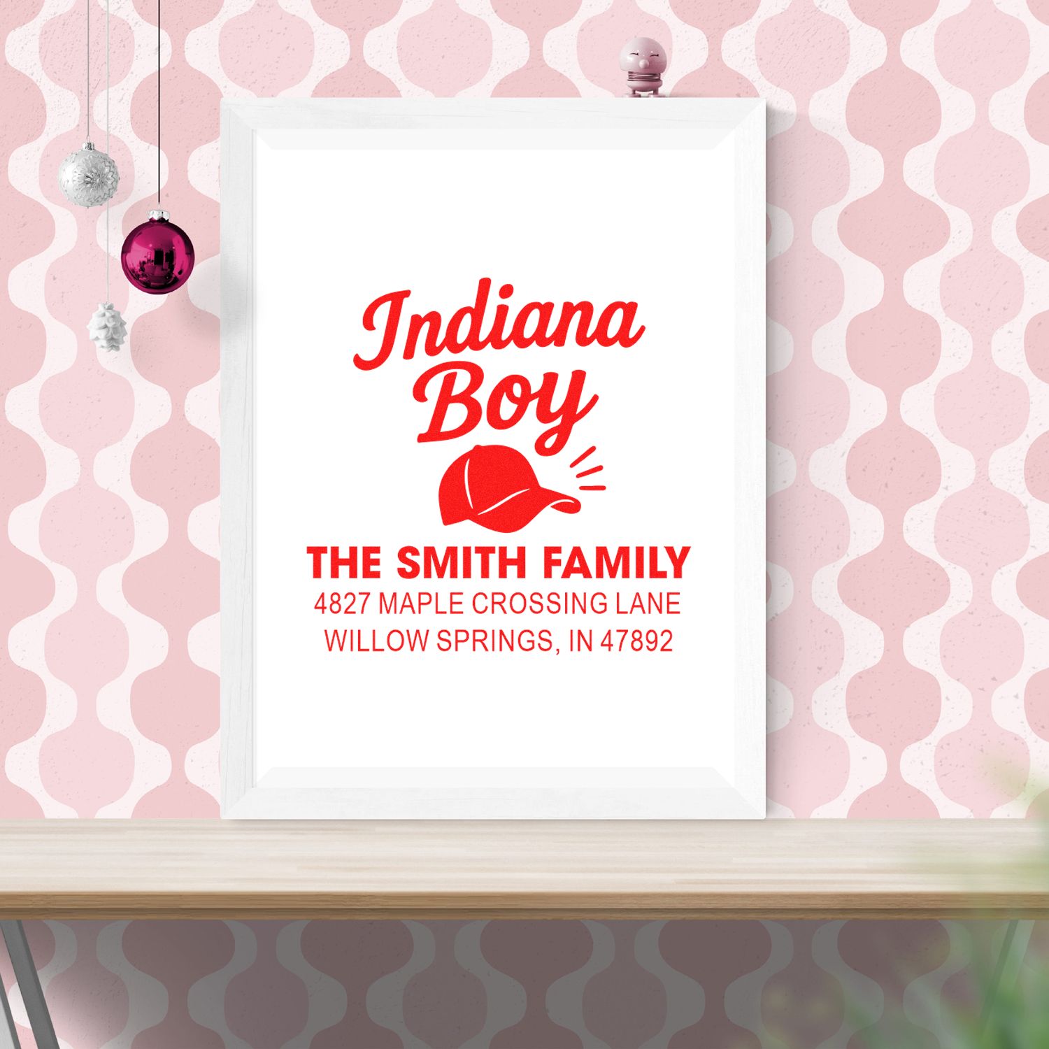 Custom Indiana Boy family address rubber stamp design with Smith family name and Willow Springs, IN address.