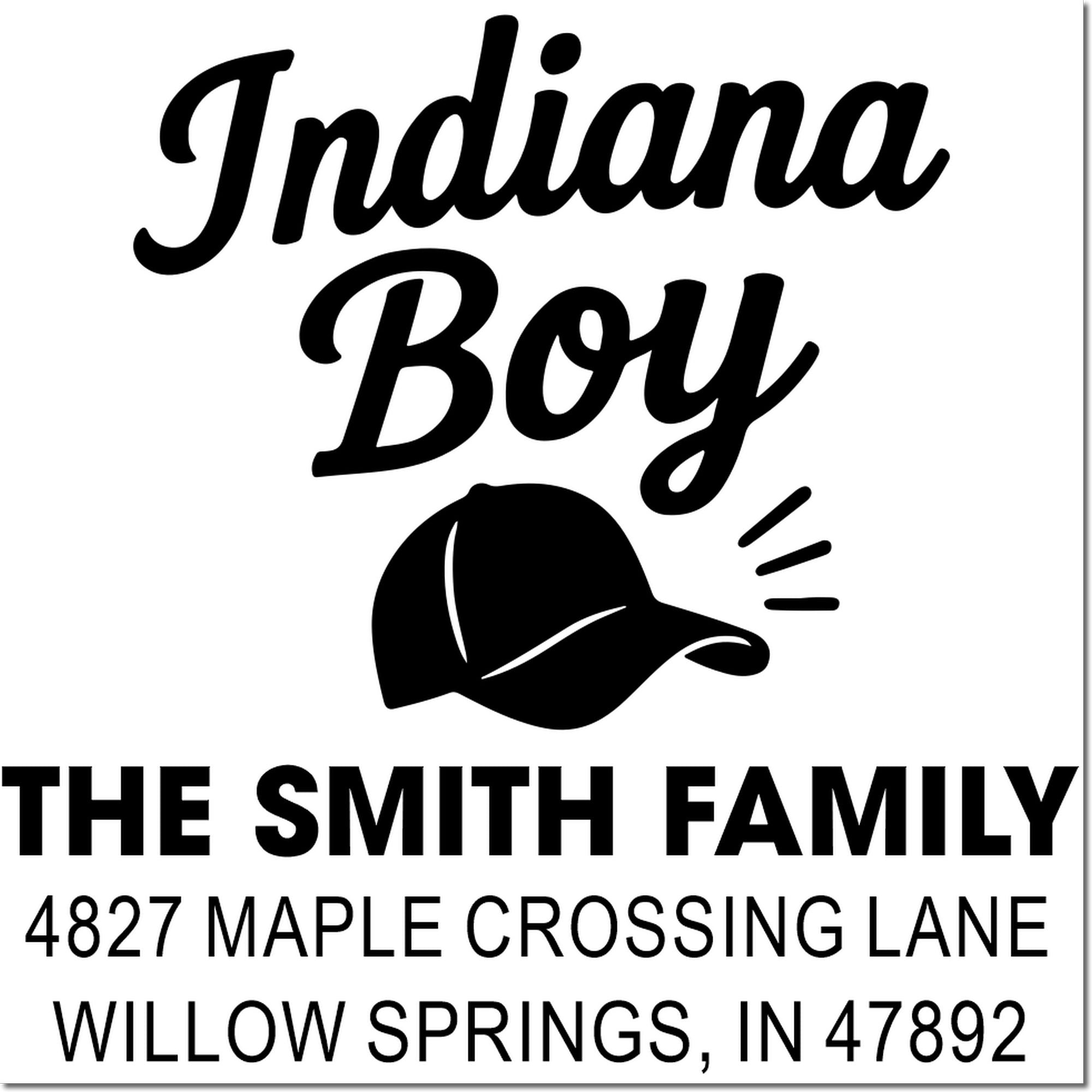 Indiana Boy custom family address rubber stamp for The Smith Family, Willow Springs, IN 47892