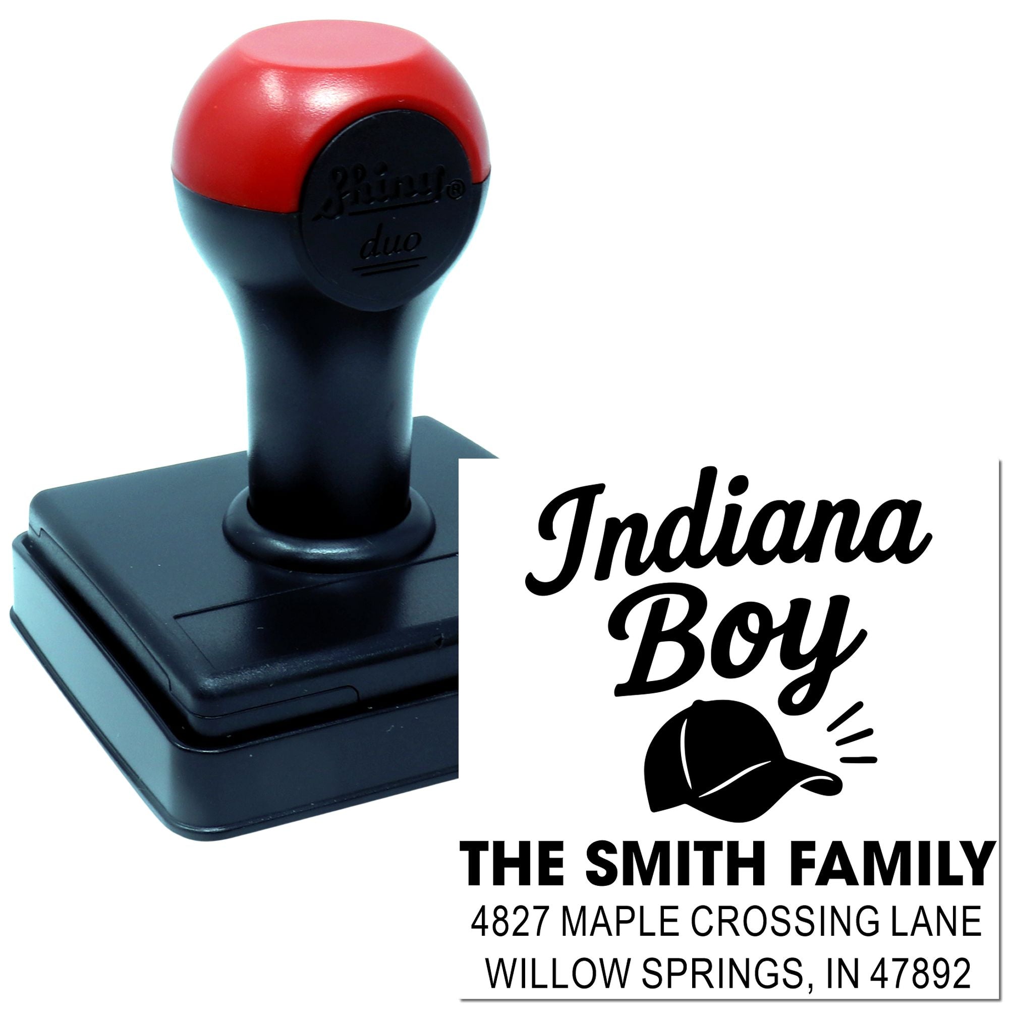 Custom self-inking rubber stamp with Indiana Boy design and family return address for personalized mailings.