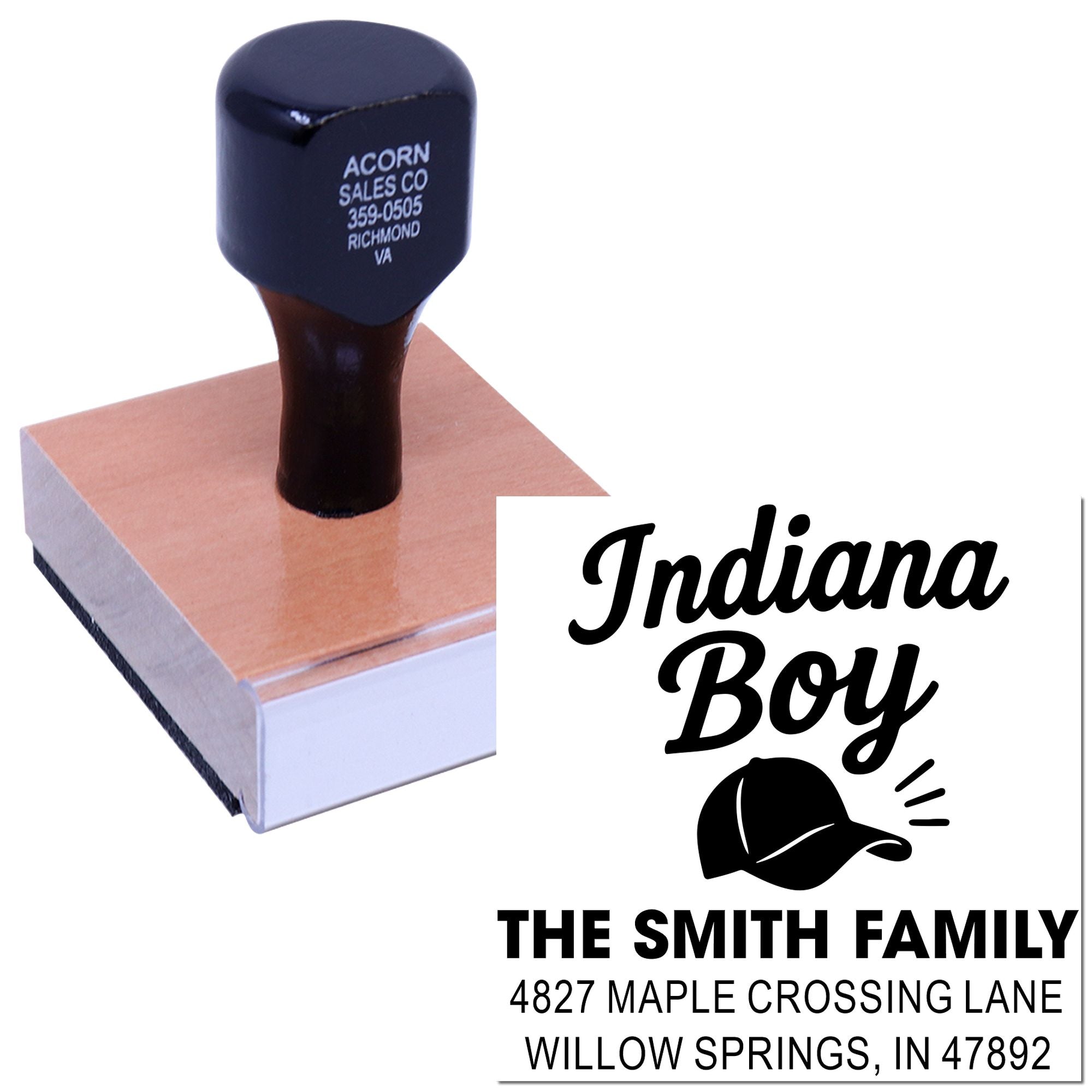 Custom Indiana Boy return address rubber stamp for The Smith Family with name, address and cap logo.