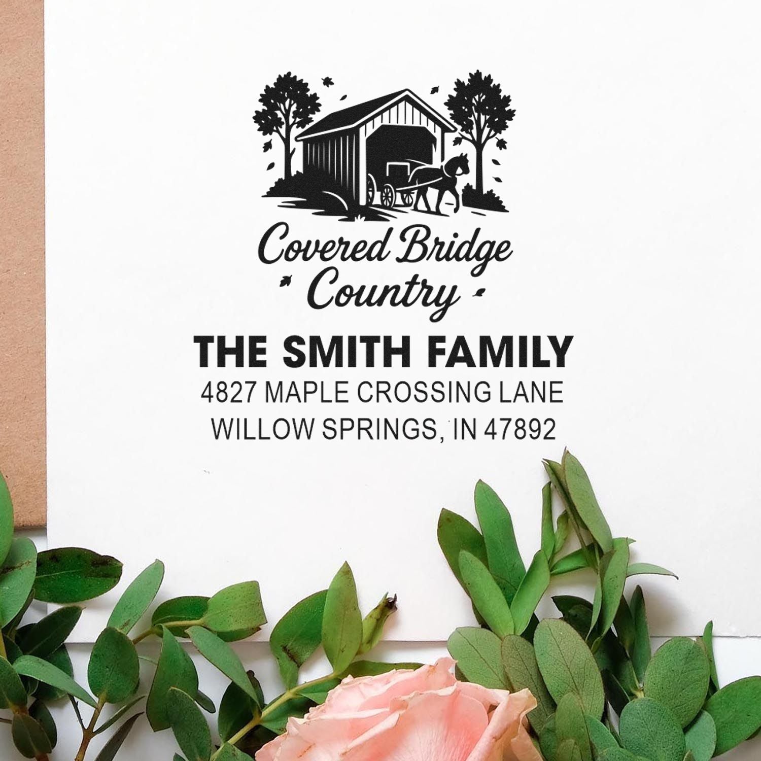 Custom return address rubber stamp featuring Covered Bridge Country design for The Smith Family, Willow Springs, IN 47892.