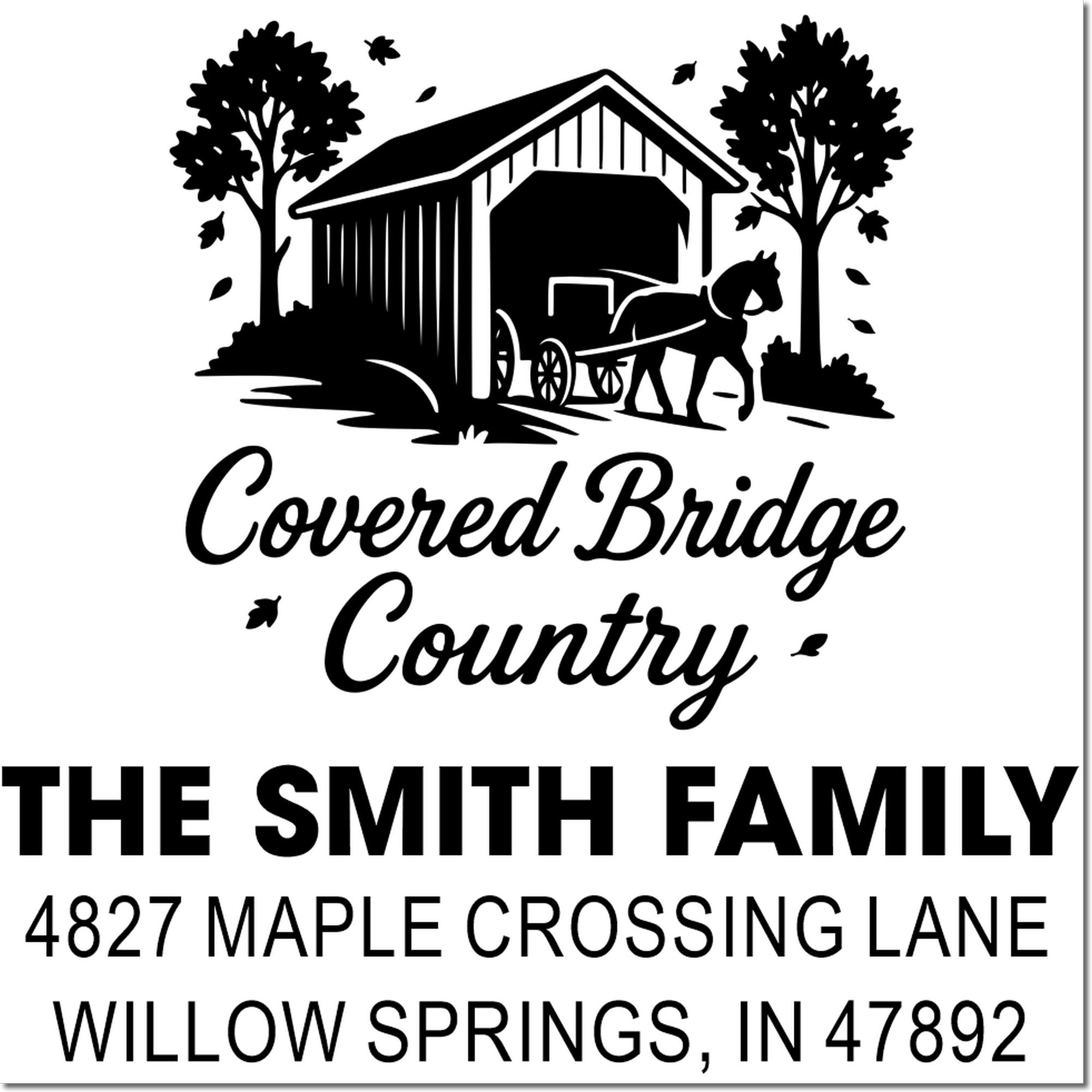 Covered Bridge Country custom address rubber stamp with barn, horse, and family name for rustic farmhouse mailings.