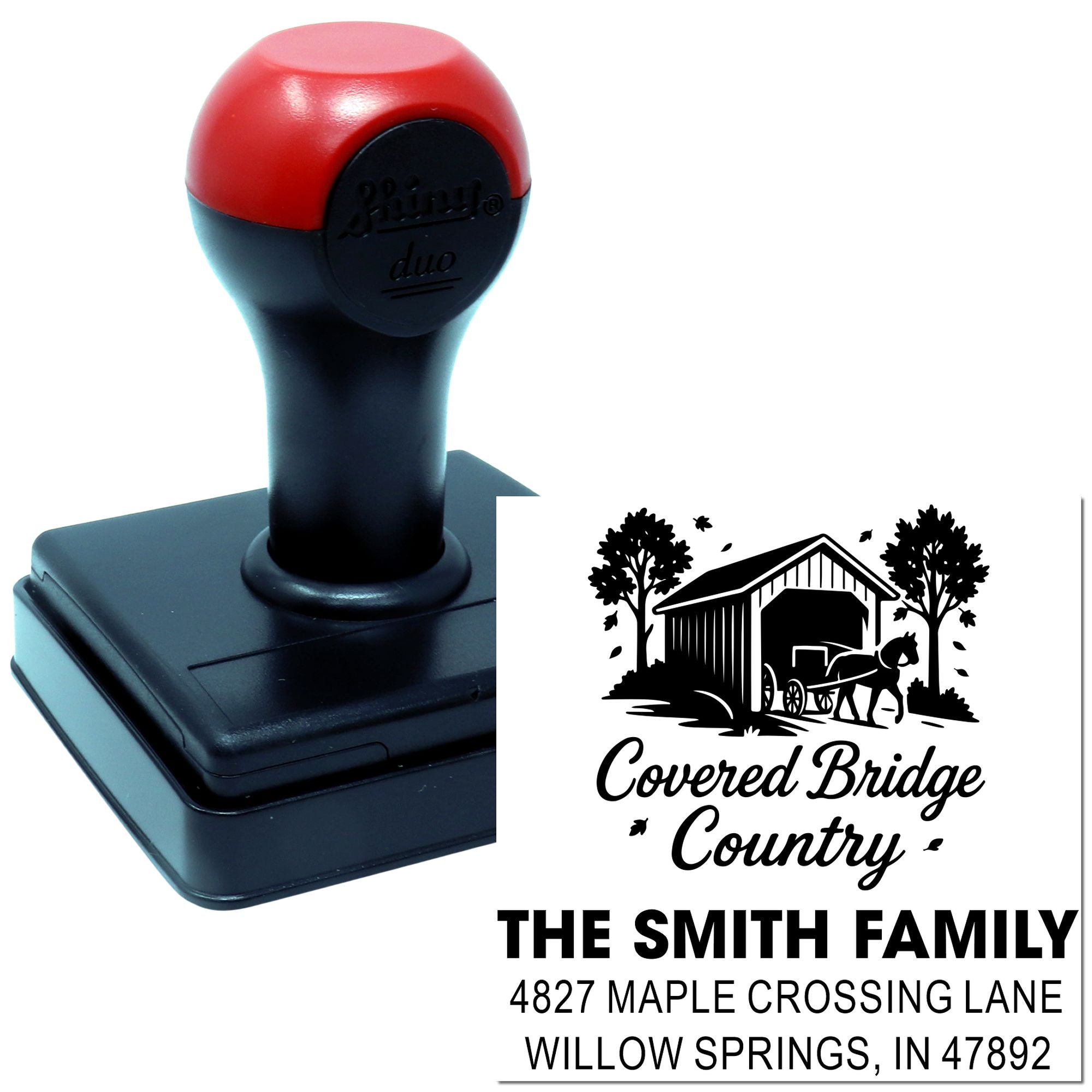 Custom self-inking rubber stamp with Covered Bridge Country design, Smith family name, and address for personalized mailing.