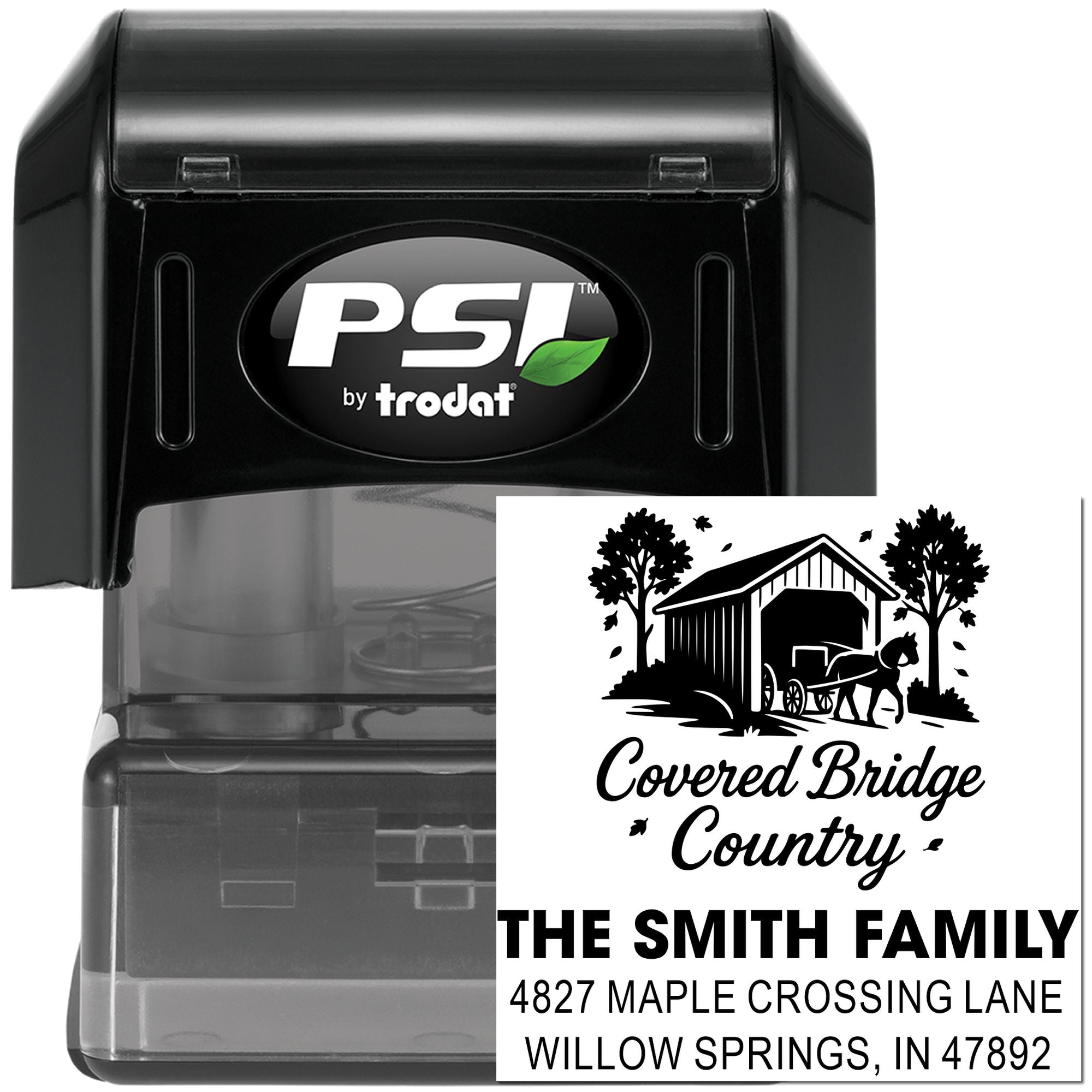 Custom self-inking return address rubber stamp with Covered Bridge Country family design for personalized mailing labels.
