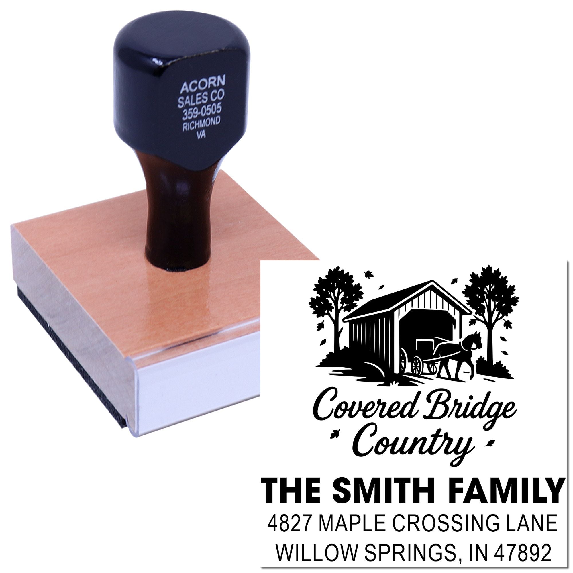 Custom self-inking rubber address stamp with Covered Bridge Country design and Smith family return address.