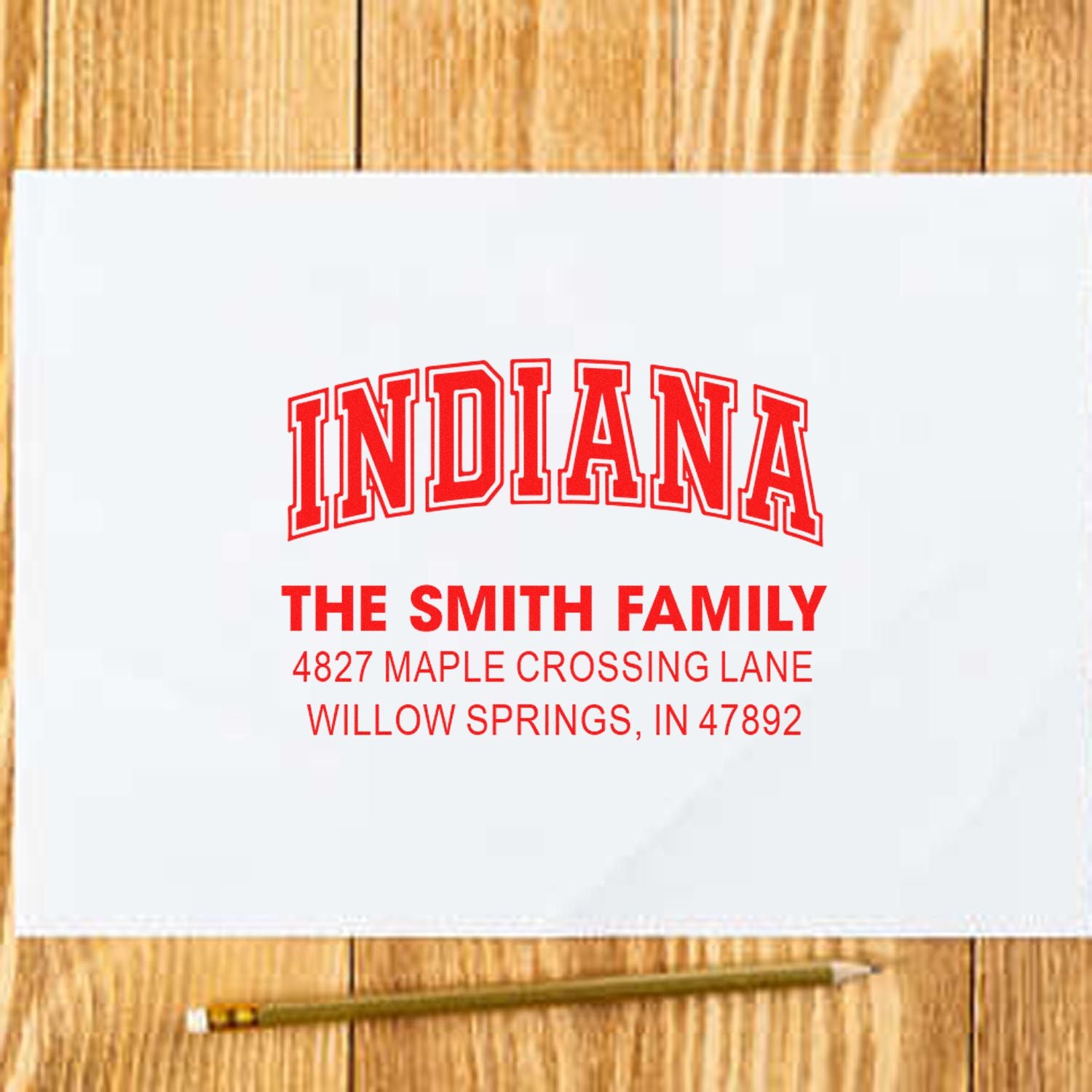 Custom Indiana return address rubber stamp for The Smith Family with name and mailing address.