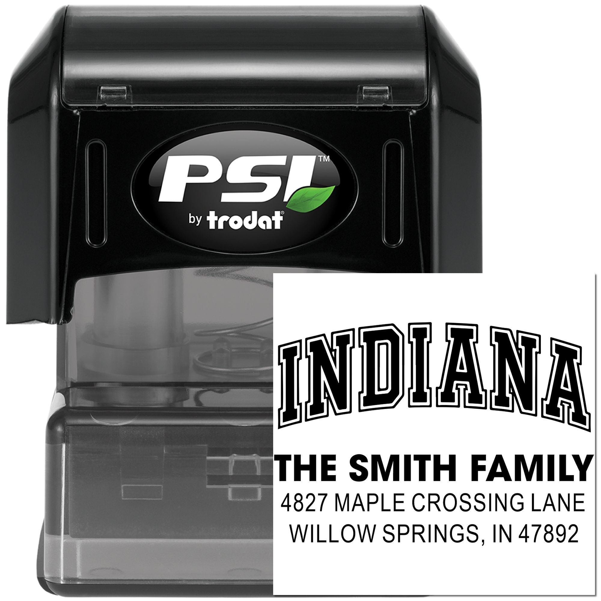 Custom Indiana address rubber stamp for The Smith Family, perfect for self-inking mail and return addresses.