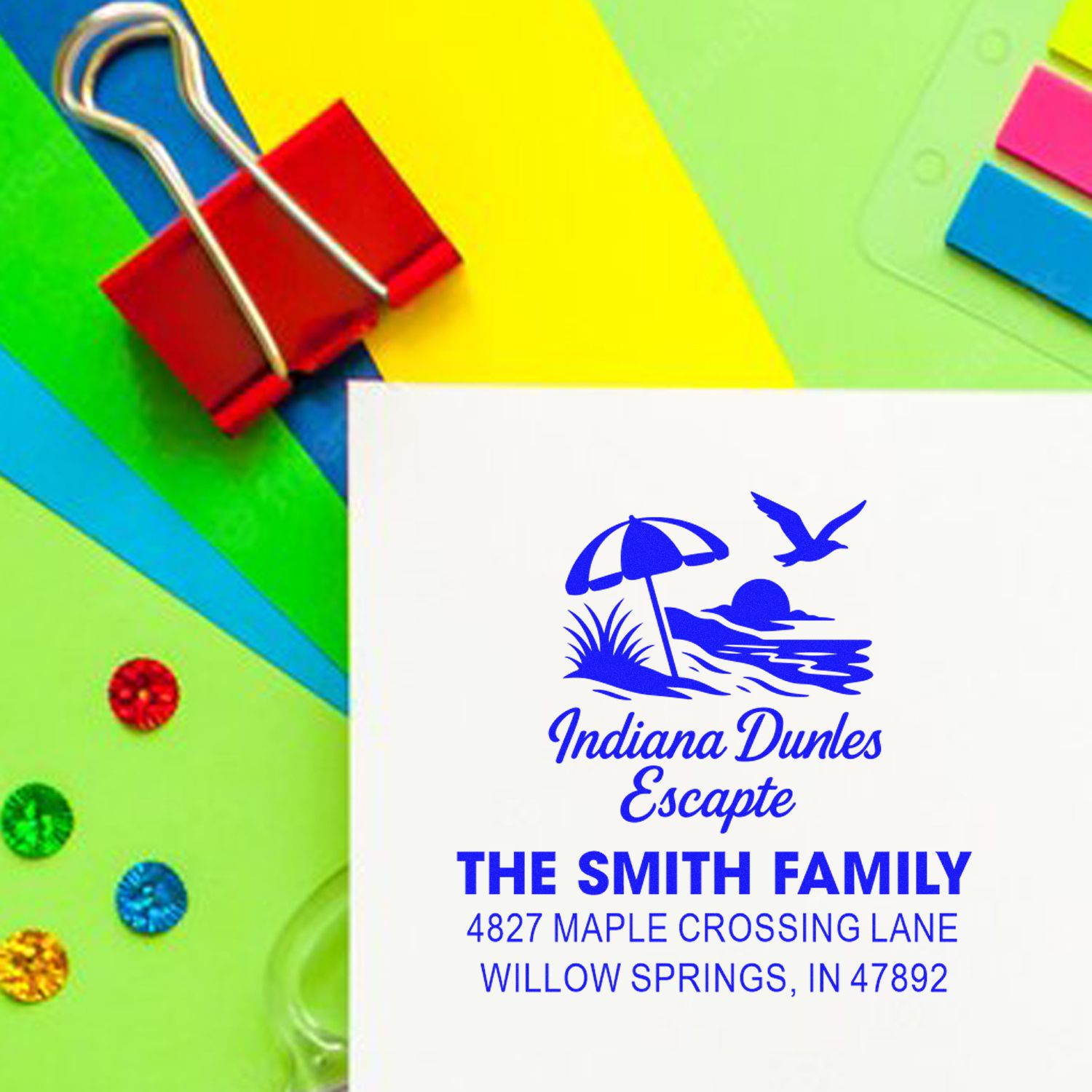 Custom rubber address stamp for The Smith Family with Indiana Dunes beach logo and return mailing address.